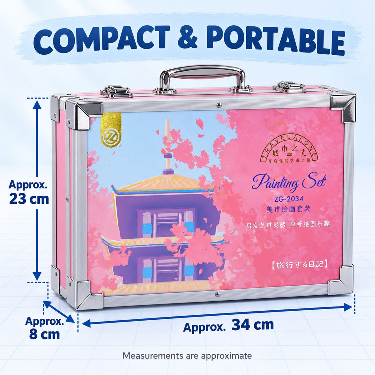 A pink art case with a pagoda design, showing approximate dimensions of 23 cm height and 34 cm width.