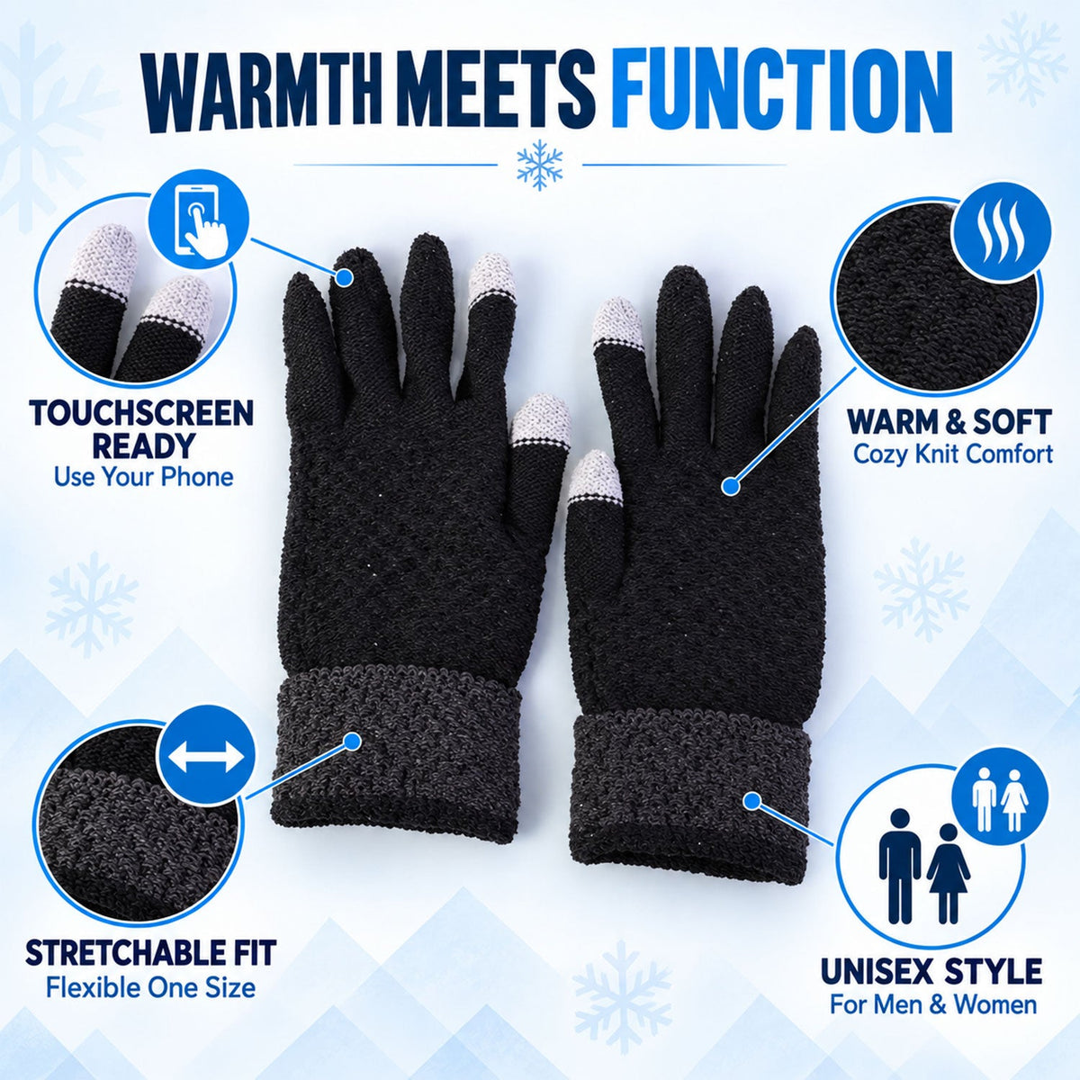 Two black knit gloves with gray cuffs and light gray touchscreen fingertips, surrounded by icons highlighting features like