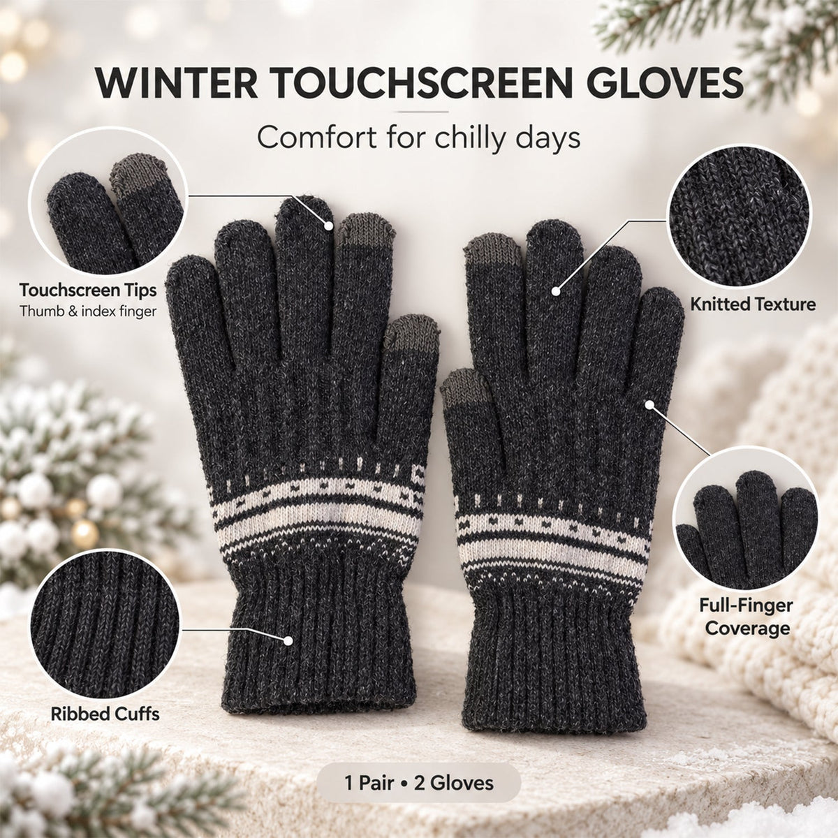 A pair of dark gray knitted gloves with white patterned cuffs, highlighting touchscreen tips, ribbed cuffs, and full-finger