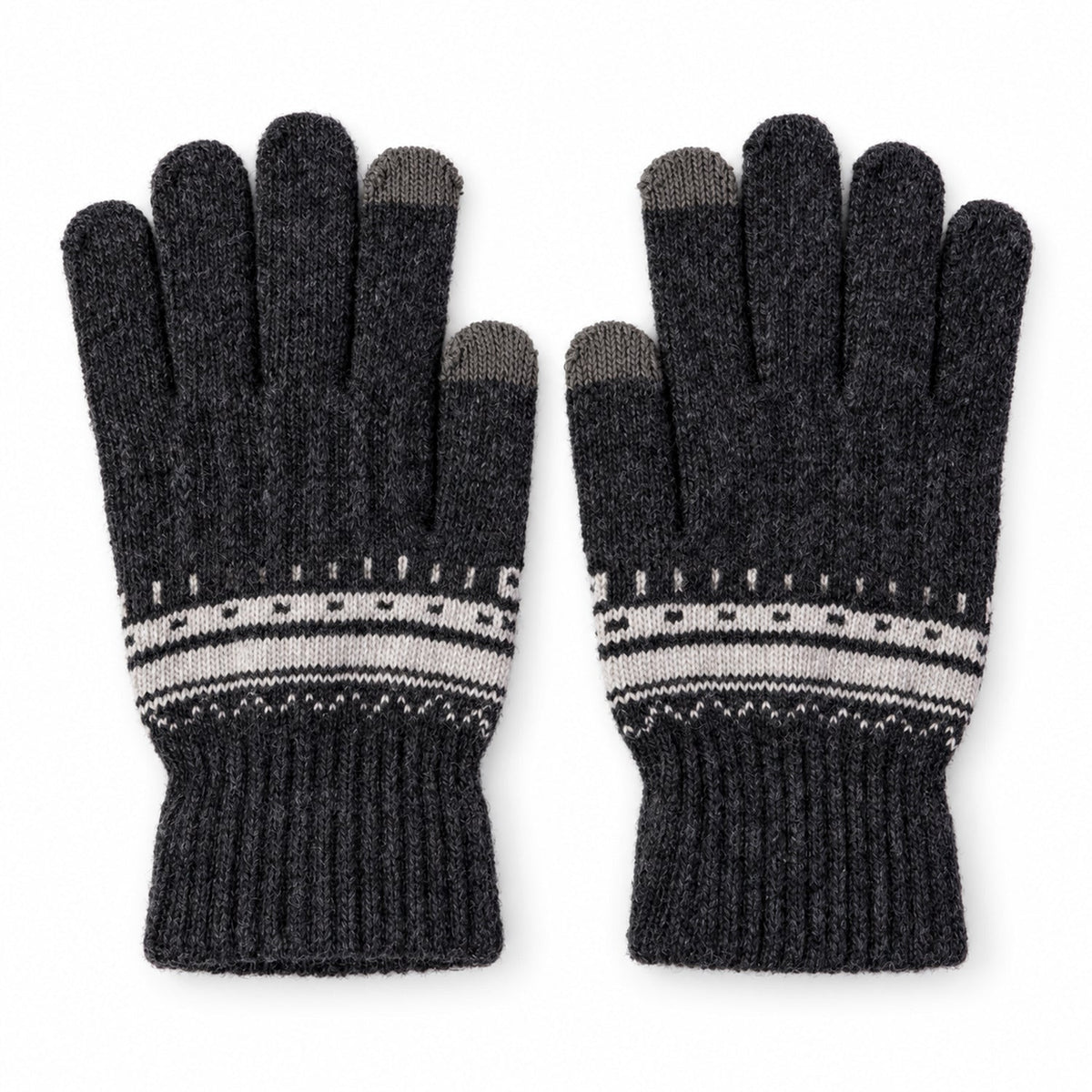 A pair of dark gray knitted gloves with white patterned cuffs and gray touchscreen fingertips displayed on a white