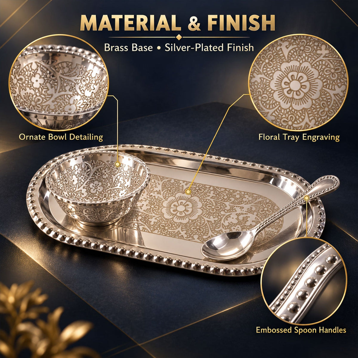 An ornate silver-plated serving set with a bowl, spoon, and tray, showcasing detailed floral engraving and embossed handles.