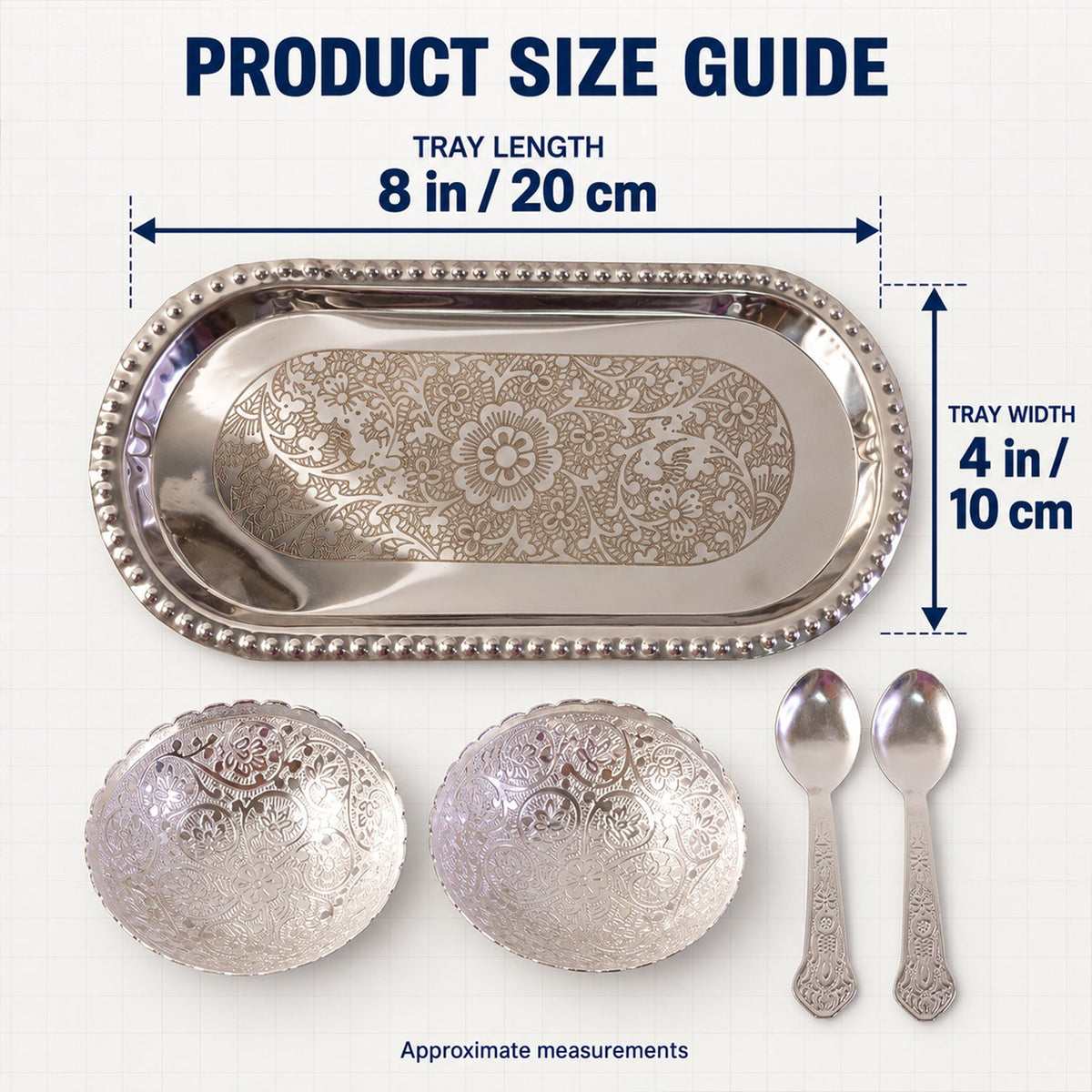 A silver-plated oval tray, two bowls, and two spoons, with dimensions indicating the tray is 8 inches long and 4 inches wide.