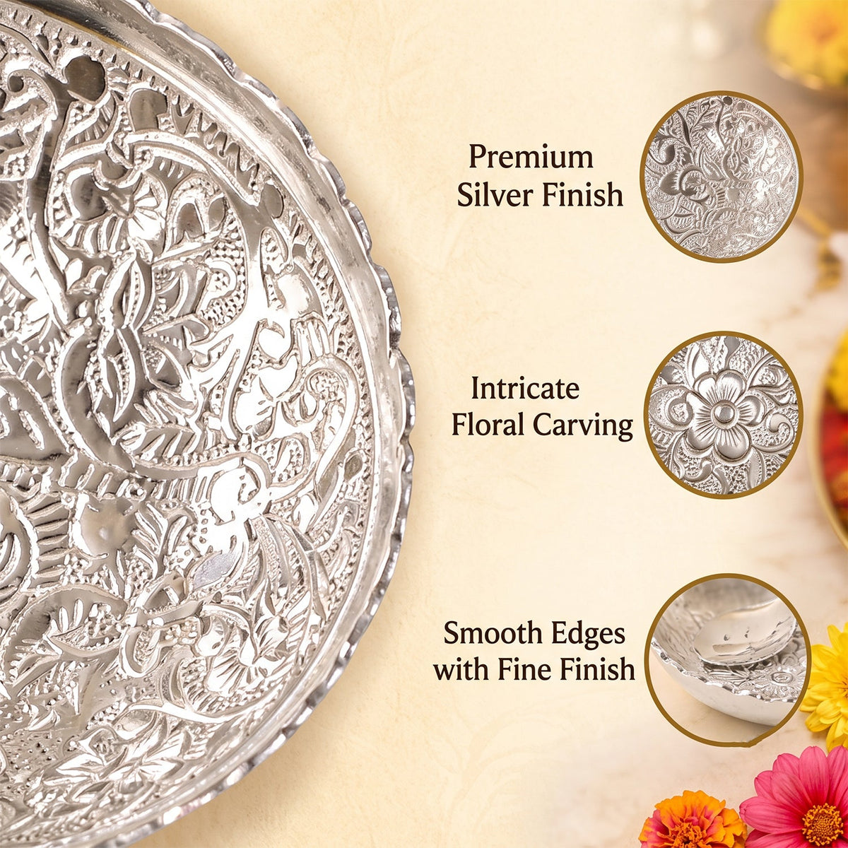 Close-up of the silver finish floral pattern on the serving bowl, highlighting its intricate design.