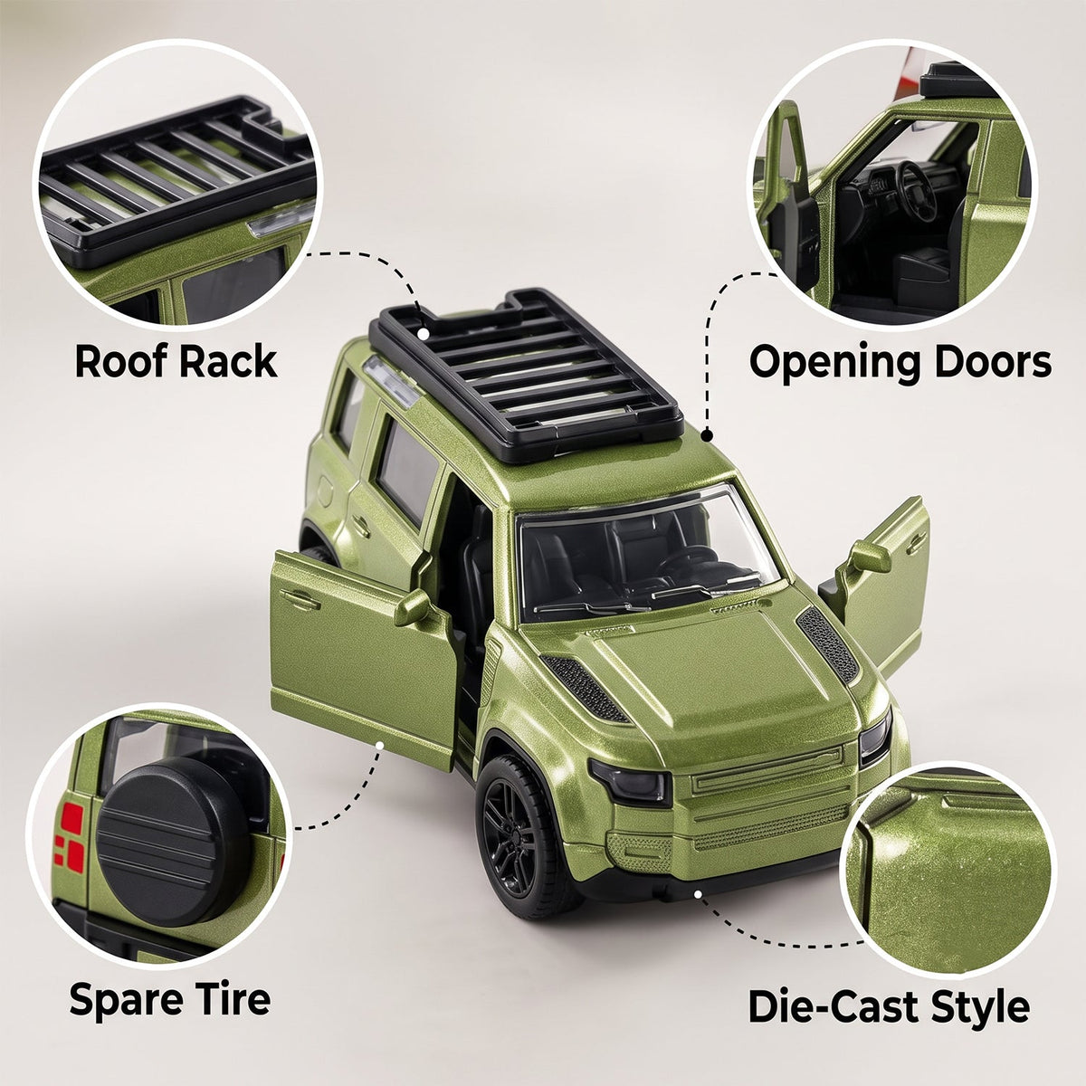 A metallic green die-cast SUV toy with open doors, a roof rack, and a spare tire is shown with feature callouts.