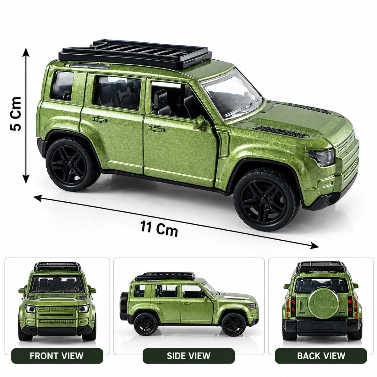 Three views of the metallic green die-cast SUV toy with dimensions of 5 cm height and 11 cm length.