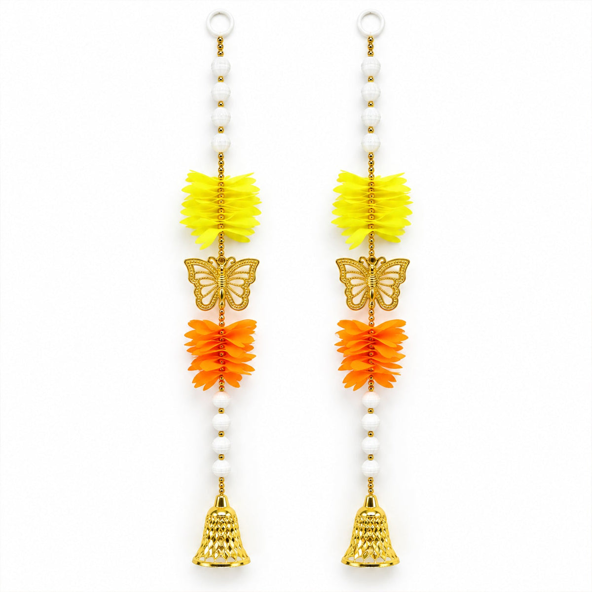 Two identical door hangings, each with yellow and orange accordion-fold flowers, a golden butterfly, and a bell, arranged