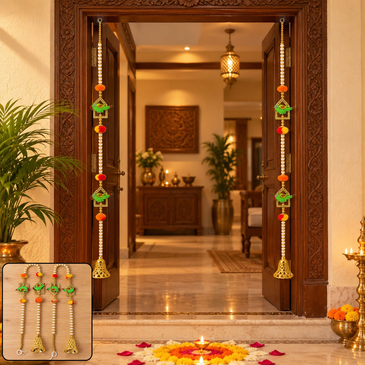 Two ornate door hangings with green parrots, orange pom-poms, and golden bells adorn a wooden doorway.