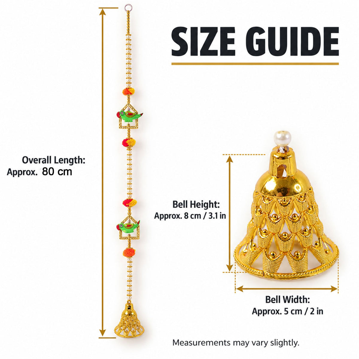 A single door hanging with a size guide, showing its 80 cm length and the 8 cm height of its golden bell.