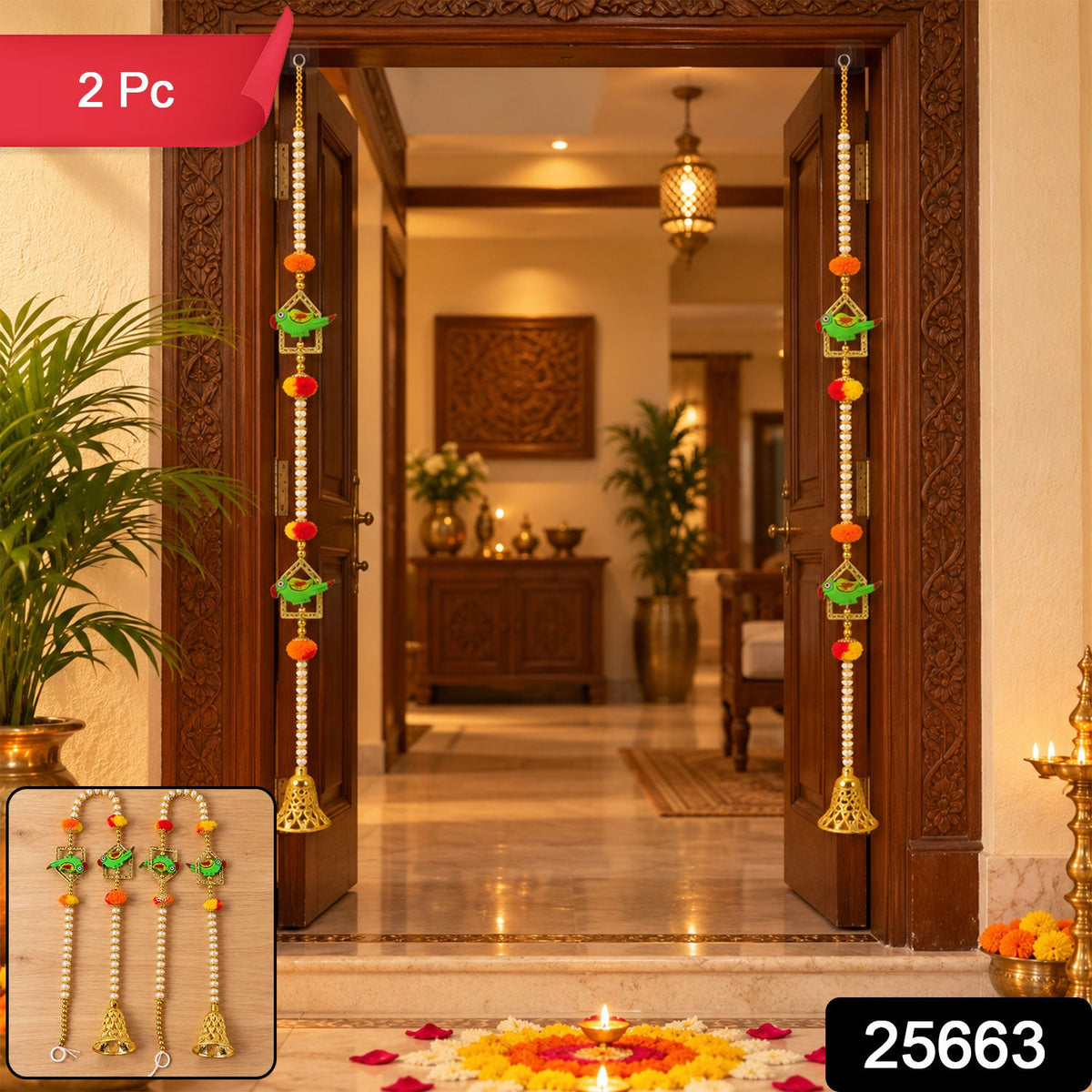 A pair of festive door hangings with green parrots, colorful pom-poms, and golden bells on a rich wooden door.