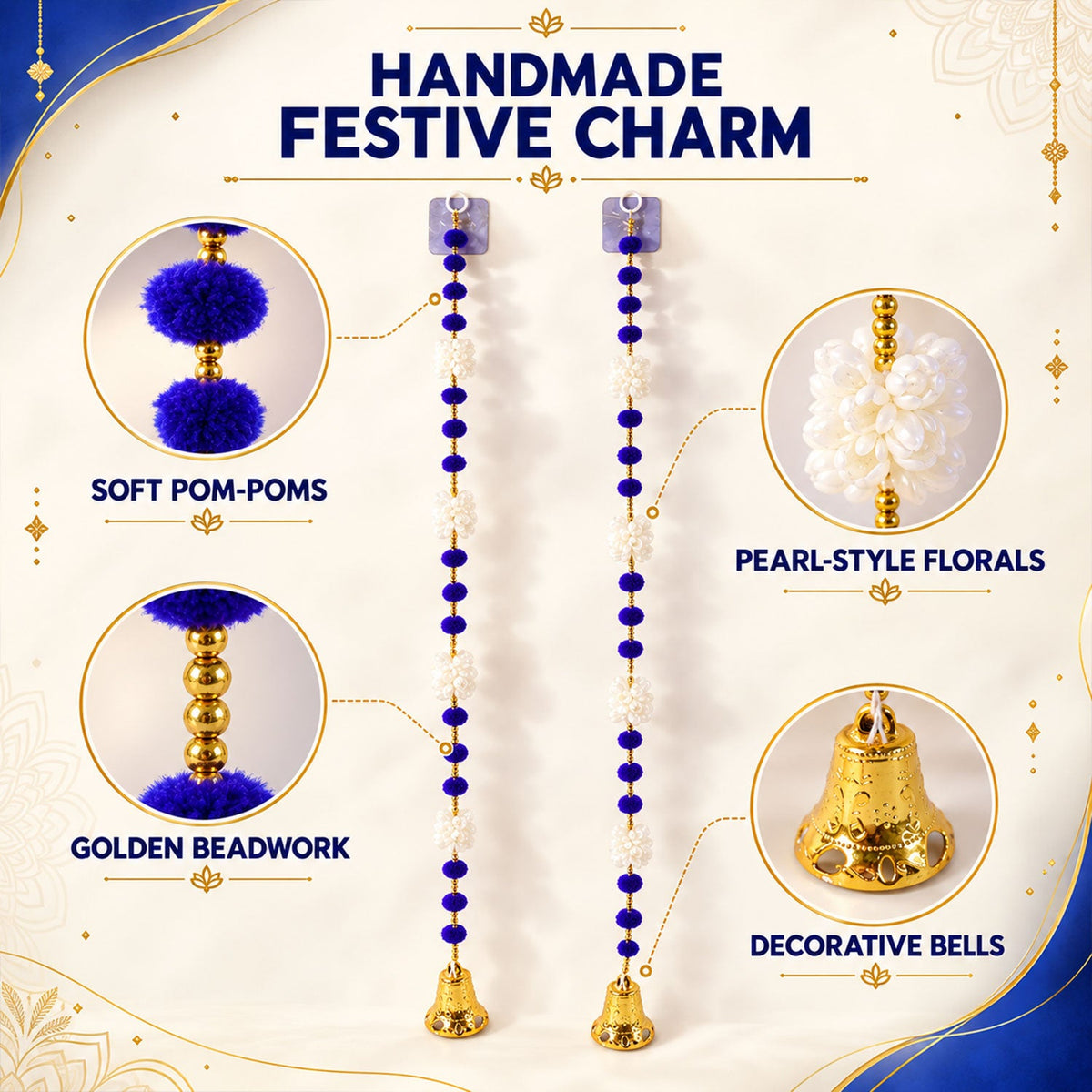A diagram showcasing two blue and white decorative strands with golden bells, highlighting soft pom-poms, pearl-style