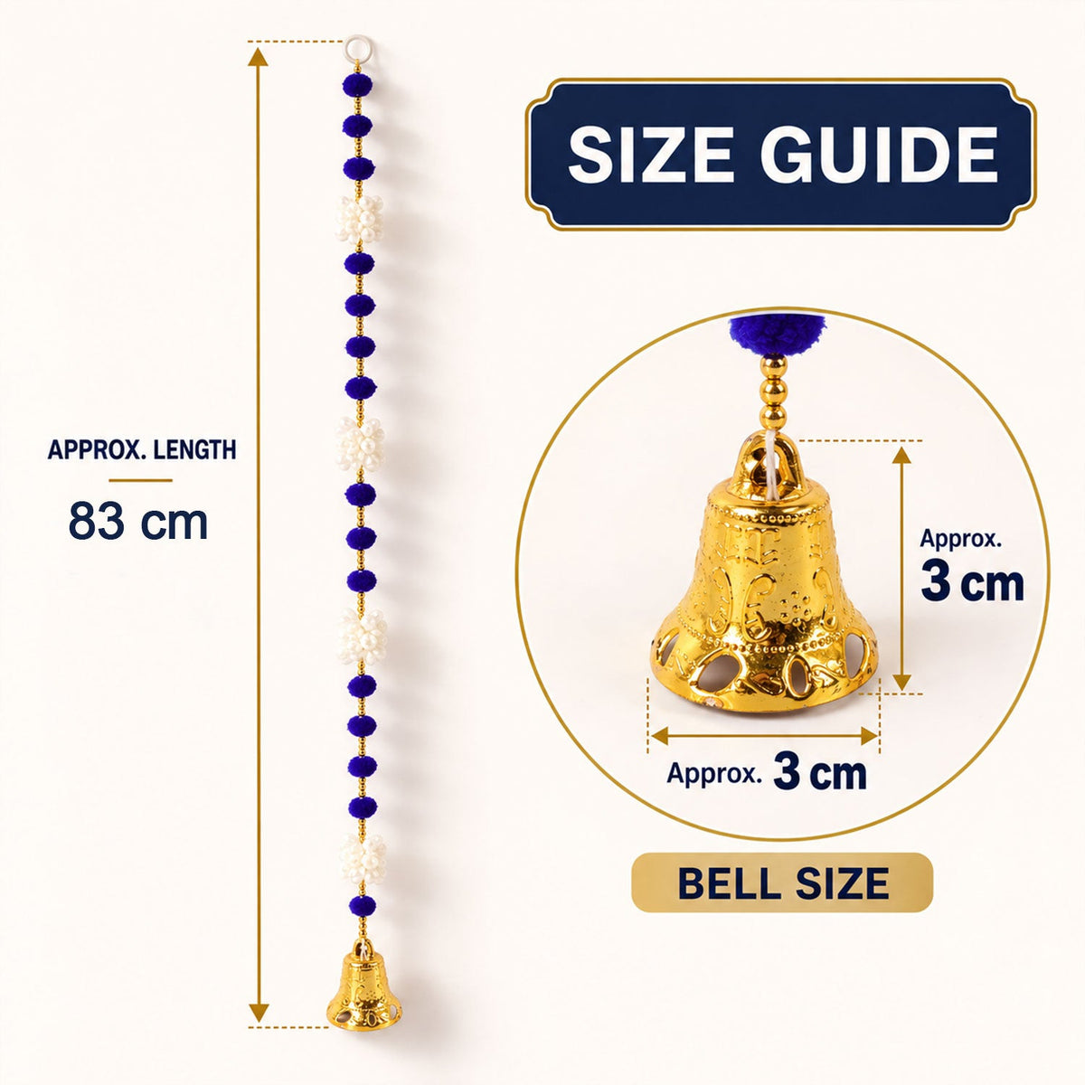 A size guide for a single decorative hanging, showing its 83 cm length and a detailed 3 cm golden bell with intricate design.