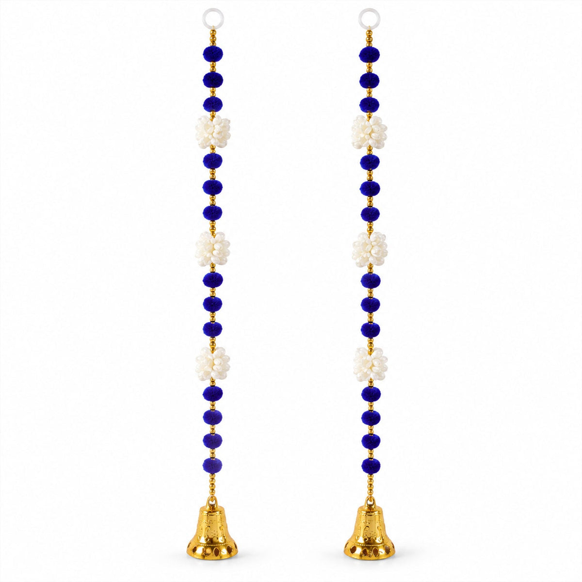 Two identical decorative hangings, each featuring blue pom-poms, white floral shapes, and a golden bell, are displayed on a