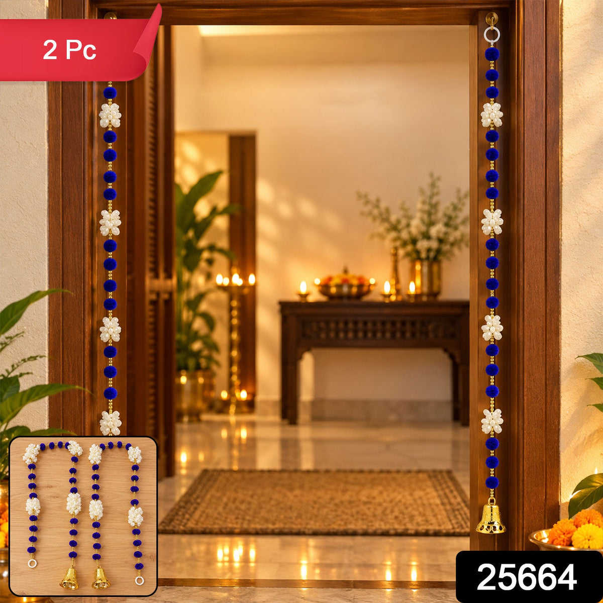 Two decorative hangings, one on each side of a wooden door frame, feature blue pom-poms, white floral accents, and golden