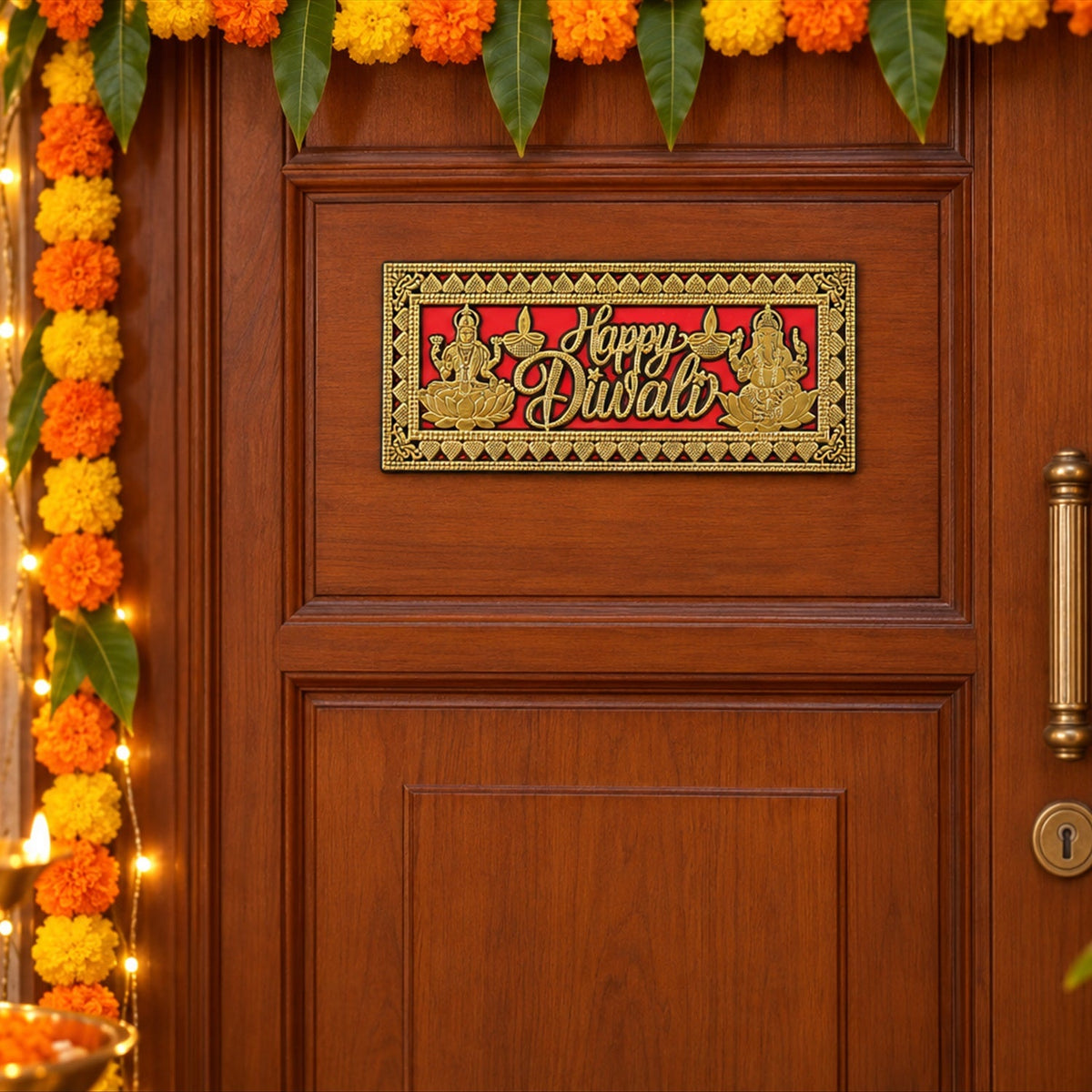 A red and gold Happy Diwali plaque with Lakshmi and Ganesha motifs, gold detailing, and an ornate border is highlighted.