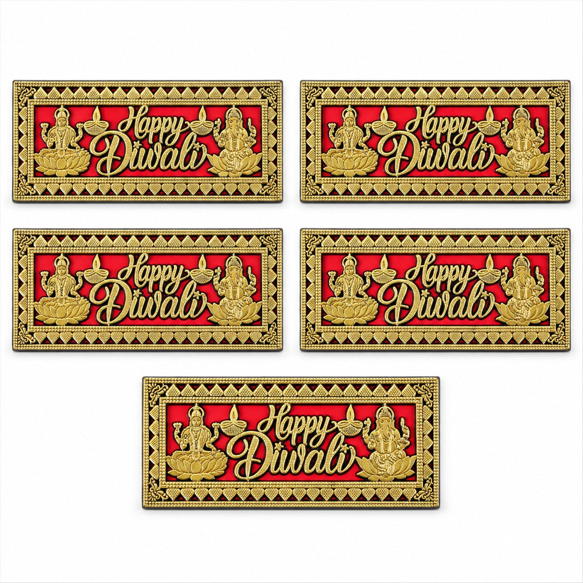 A single red and gold Happy Diwali plaque is shown with dimensions: 7 cm height and 15 cm width.