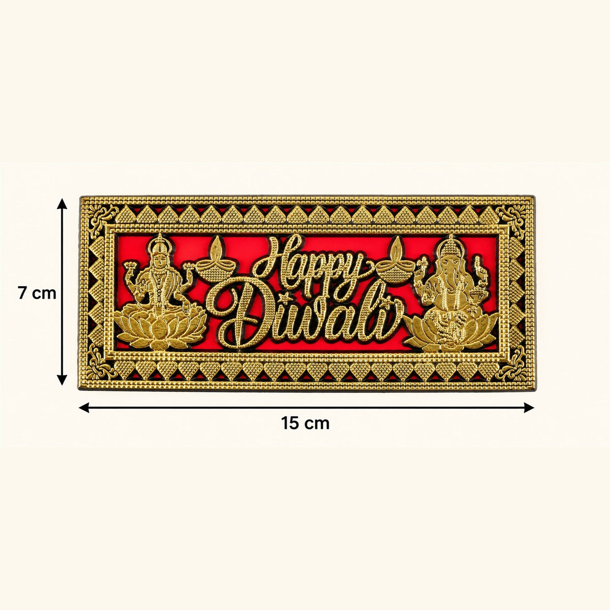 A red and gold Happy Diwali plaque adorns a wooden door, framed by vibrant orange and yellow marigold garlands.