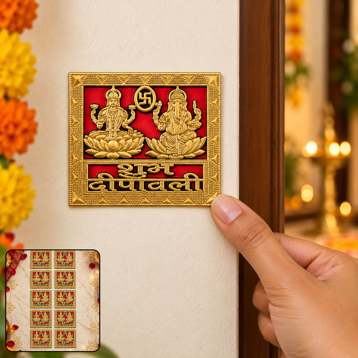 A hand applies a square golden sticker with embossed deities on a red panel to a light-colored wall.