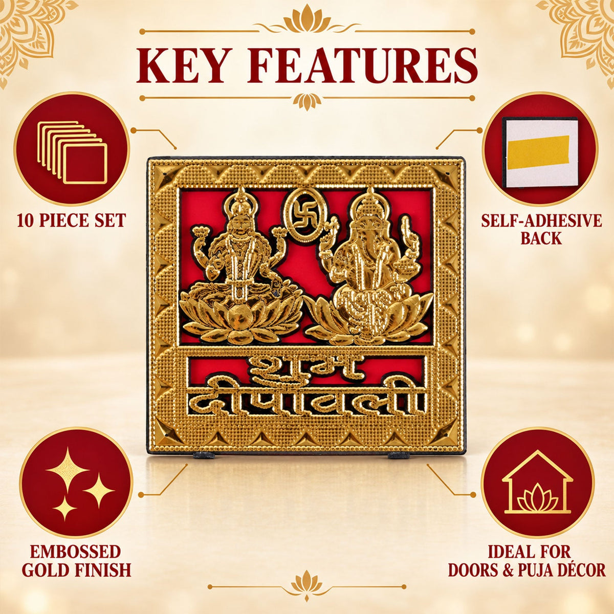 A square golden sticker with Lakshmi and Ganesha, detailing its 10-piece set, embossed gold finish, and self-adhesive