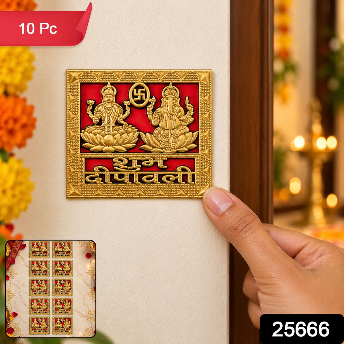 A hand applies a square golden sticker to a wall, with a small inset showing ten identical stickers on a patterned surface.