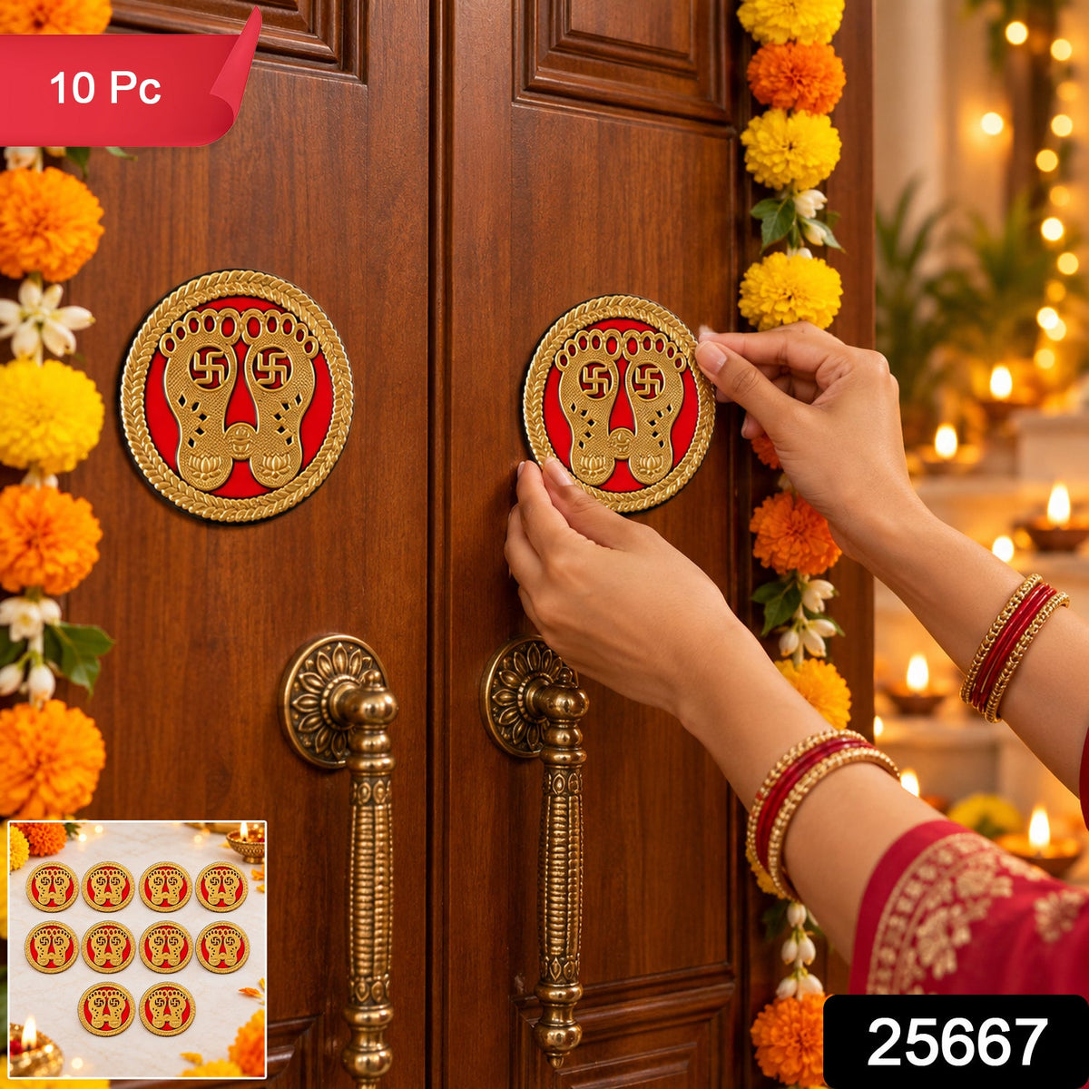 A person's hands applying a round golden Lakshmi Charan sticker to a wooden door; an inset shows ten stickers.