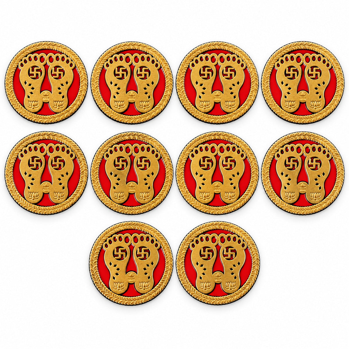 Ten golden Lakshmi Charan stickers with red backgrounds and braided gold borders arranged in rows on a white surface.