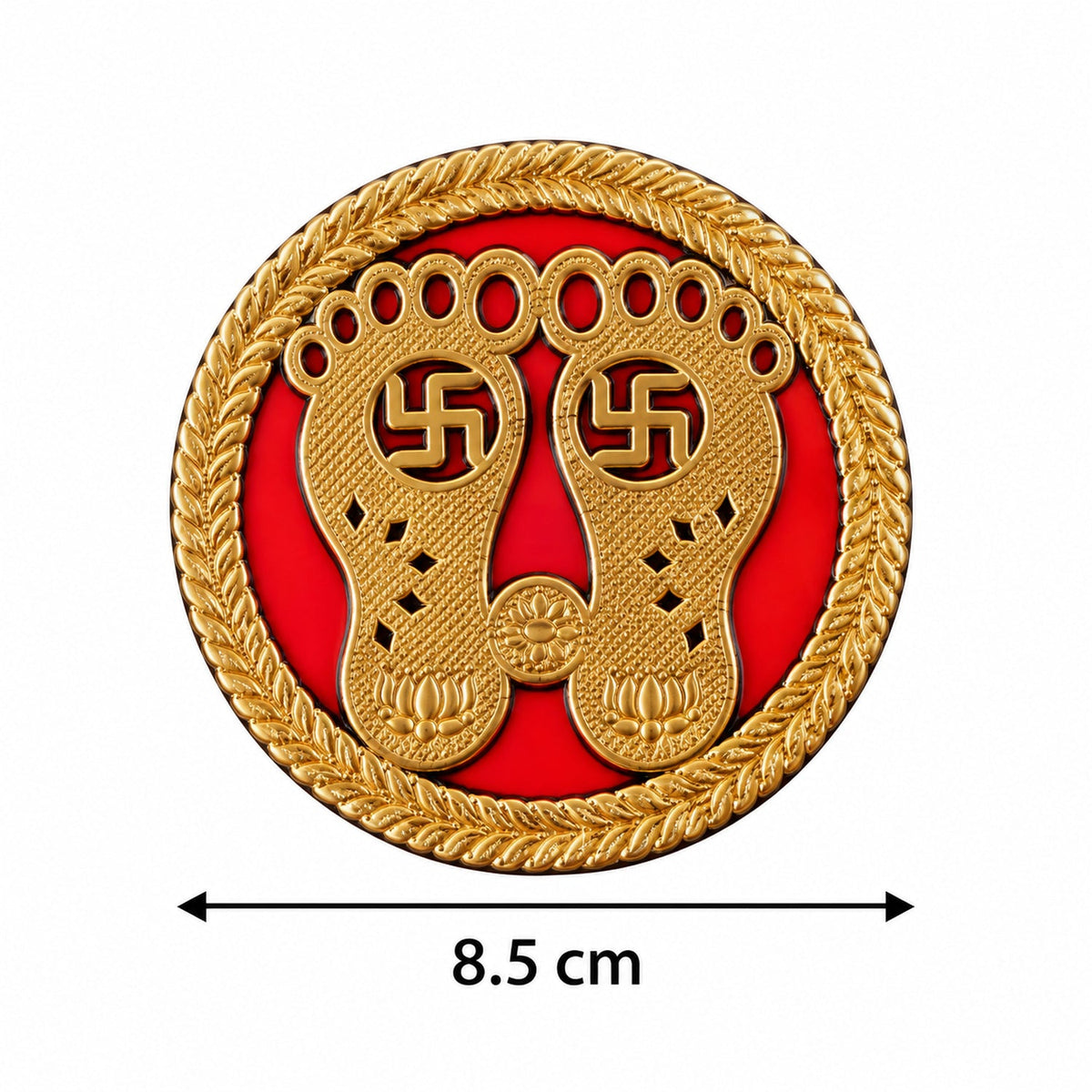 A single golden Lakshmi Charan sticker with a red background and braided gold border, showing a measurement of 8.5 cm