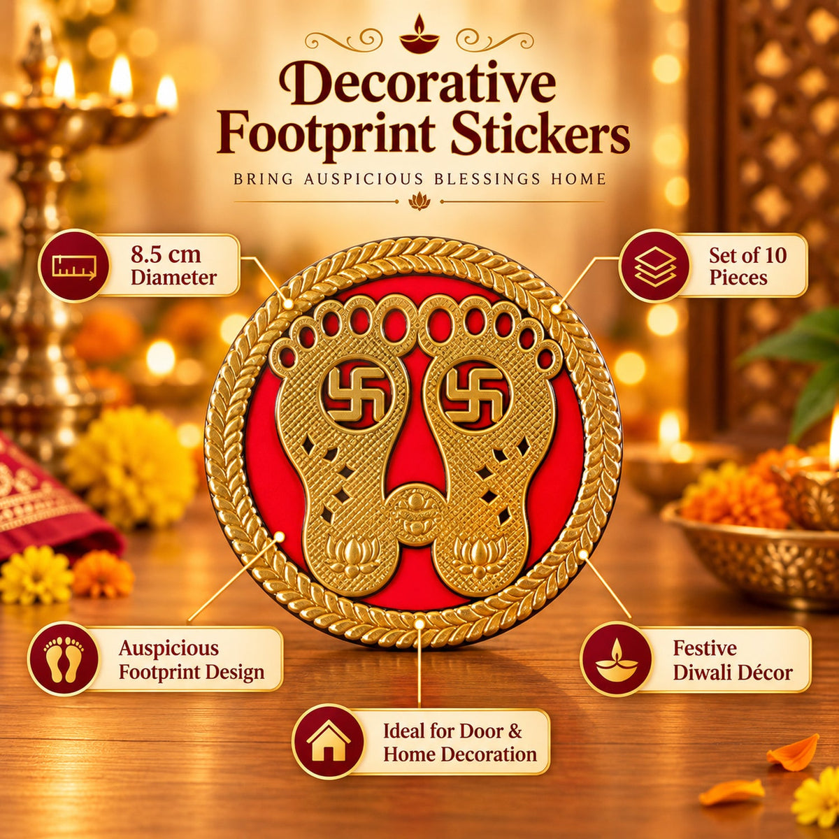 A golden Lakshmi Charan sticker with text overlays highlighting its features like auspicious design and festive decor.