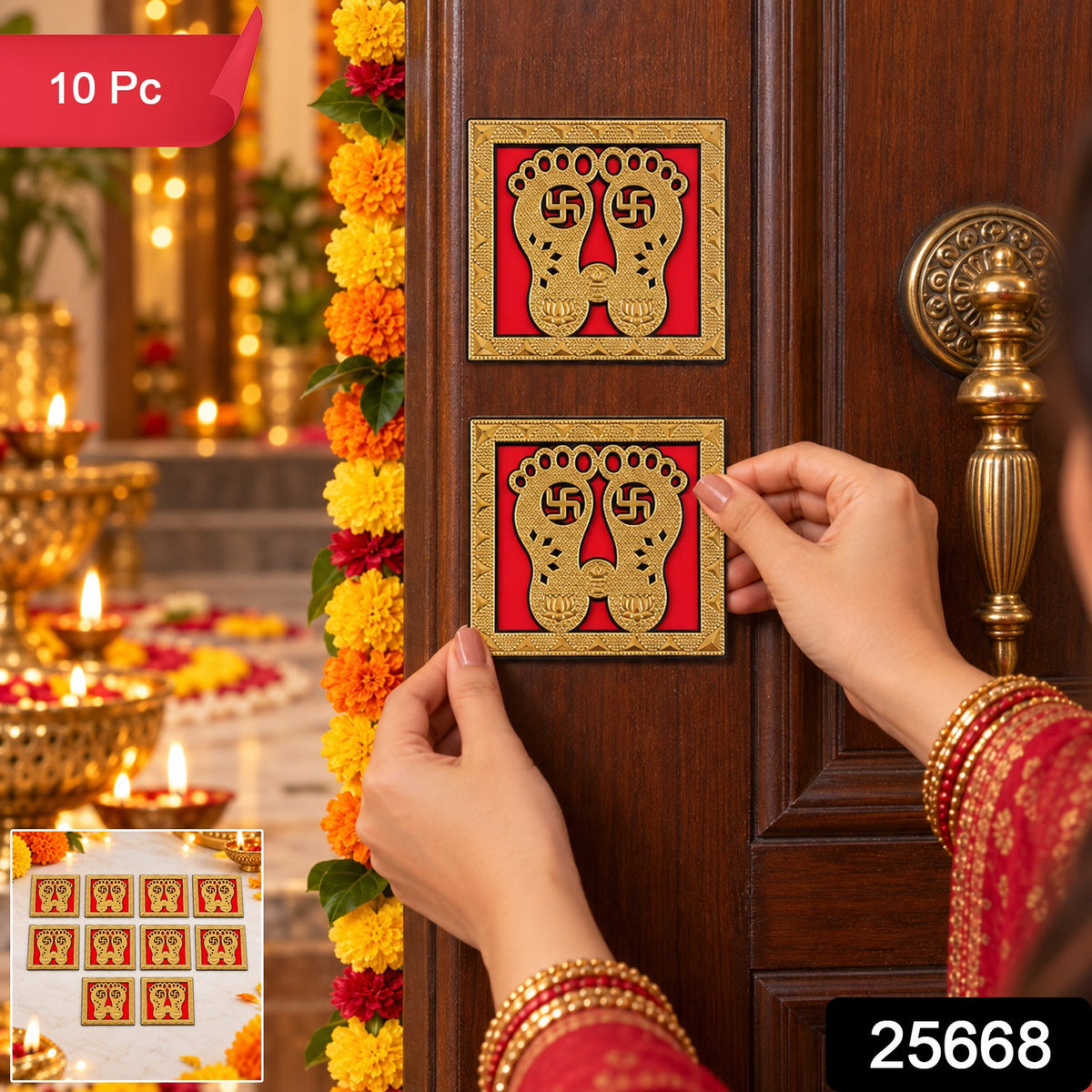 A person applies a golden Lakshmi Charan sticker to a wooden door, with a small inset showing ten stickers on a table.