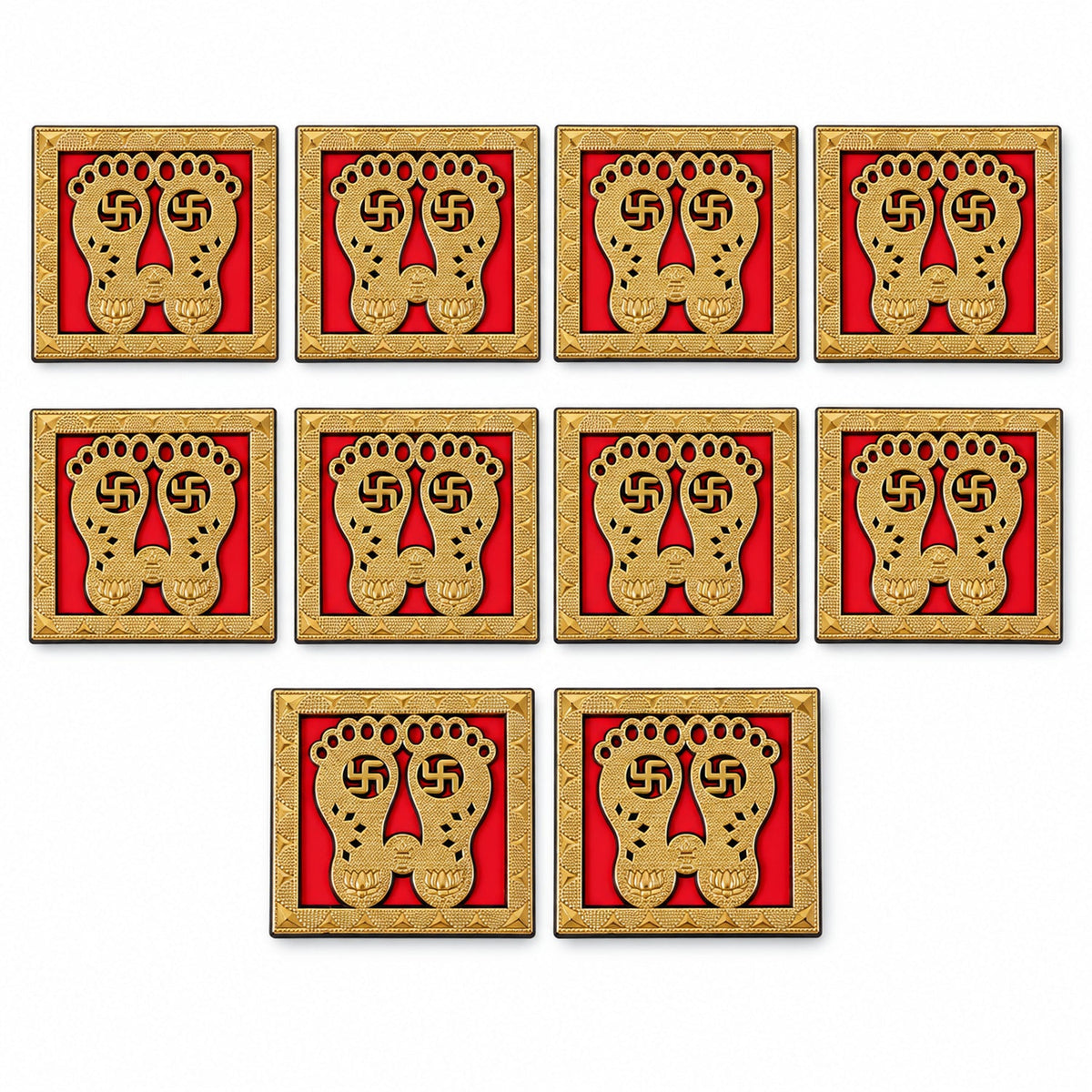 Ten golden Lakshmi Charan stickers are neatly arranged in rows on a clean white background, showcasing their intricate
