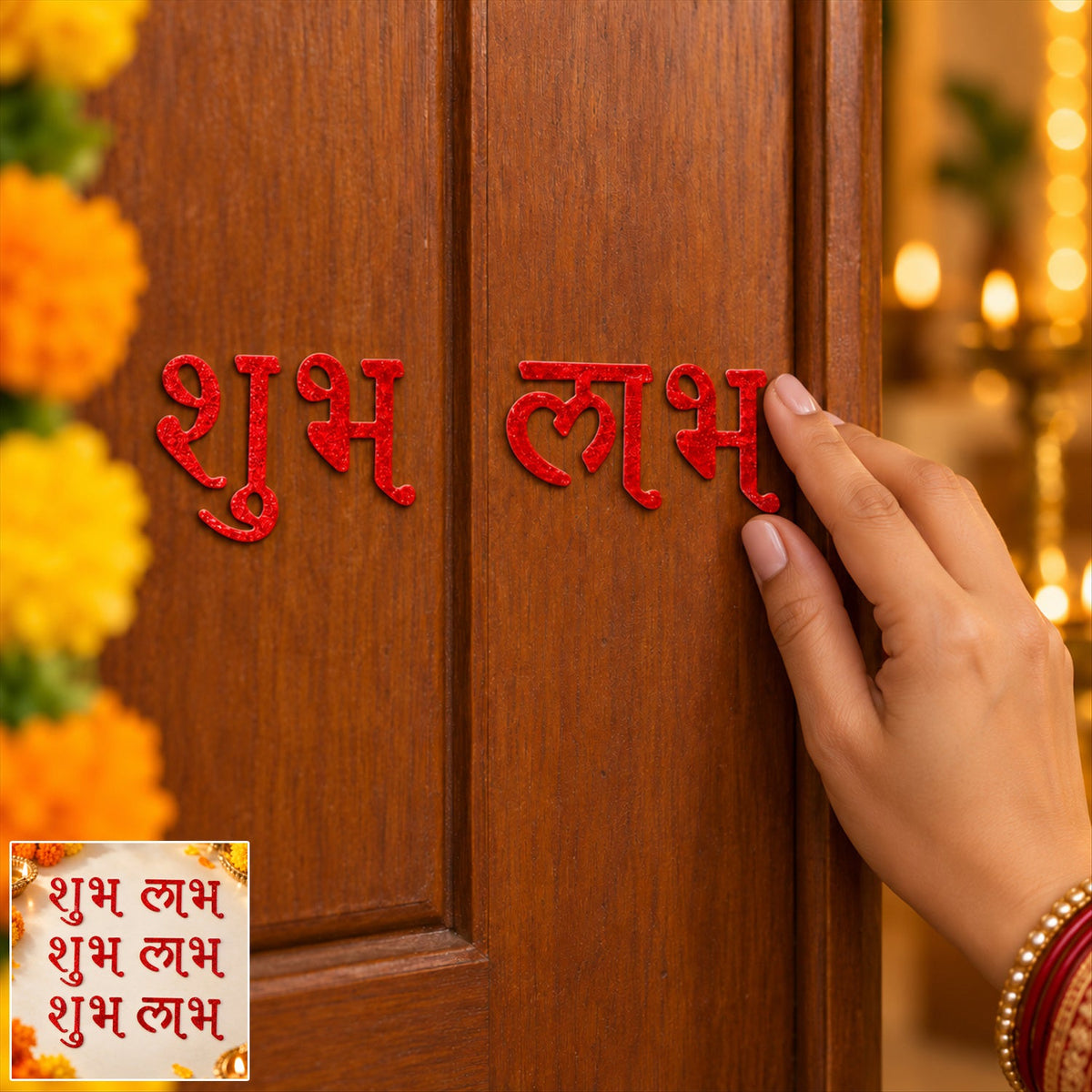 A hand applies a red glitter Shubh sticker to a wooden door, with marigold garlands on the left.