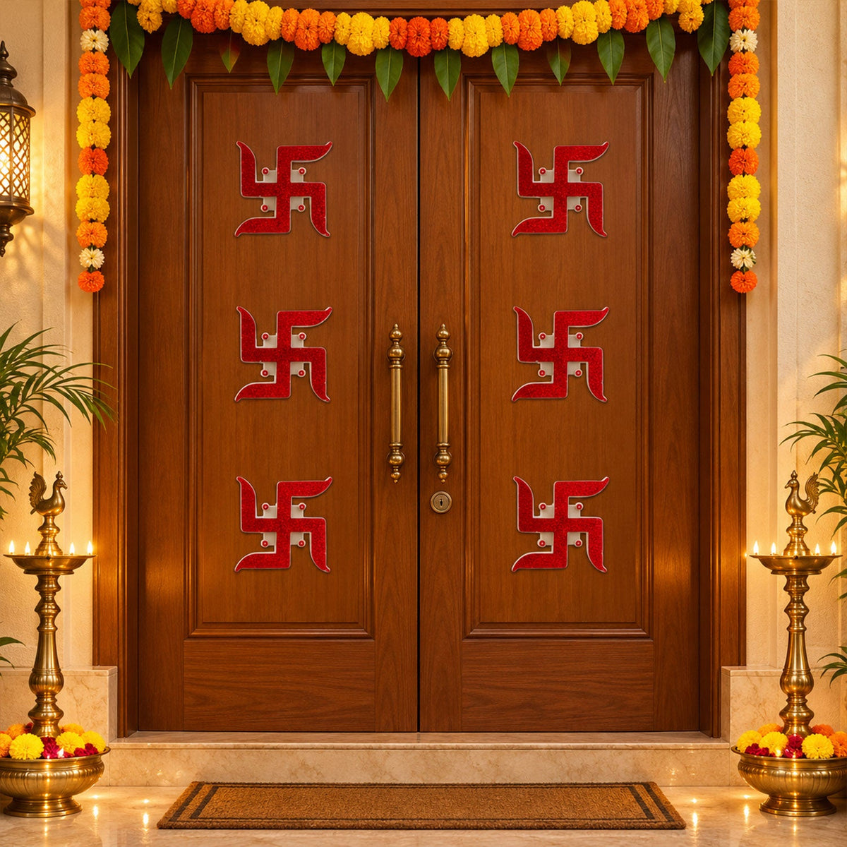 Six red glitter swastik stickers adorn a pair of wooden doors, surrounded by marigold garlands and brass oil lamps.