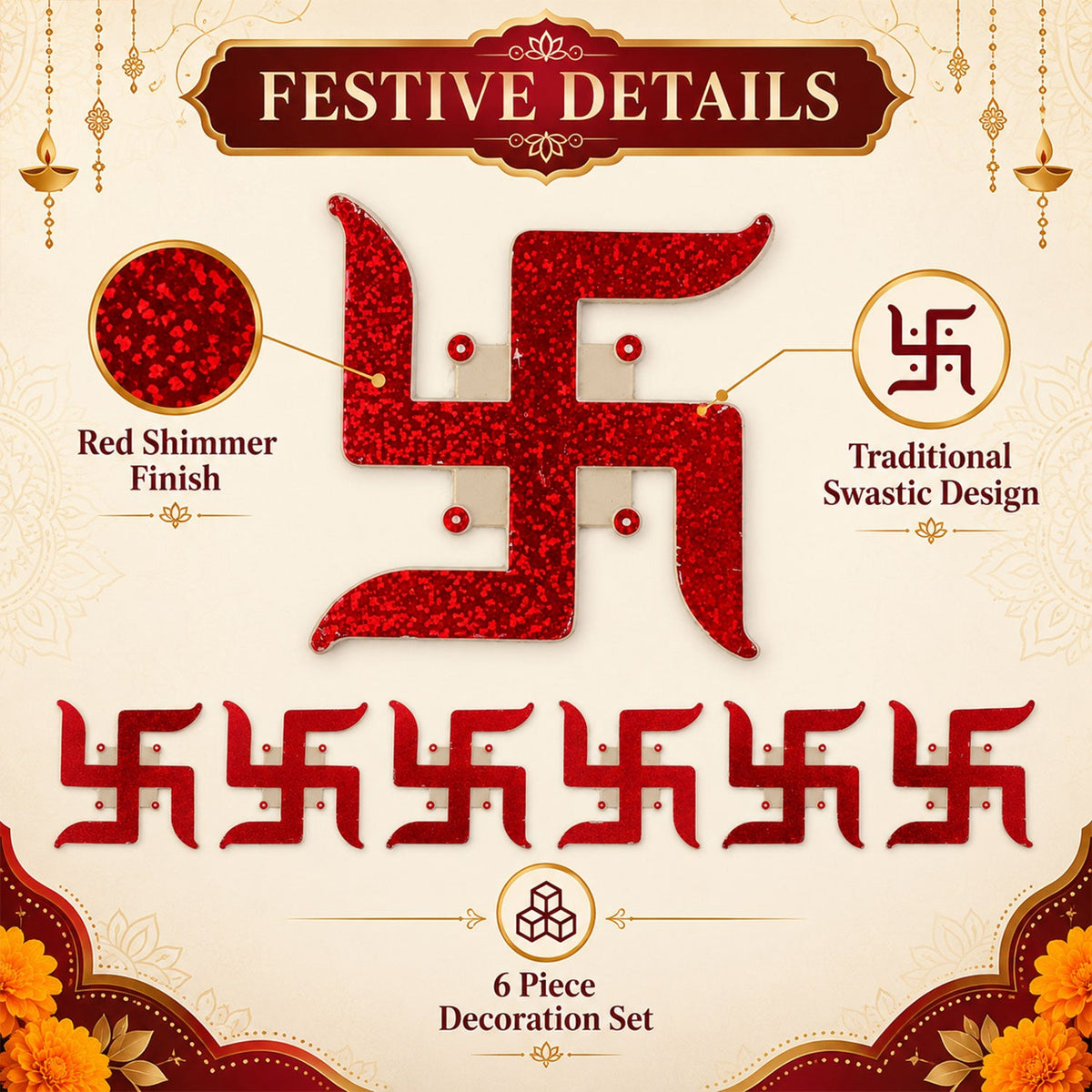 A large red glitter swastik design is featured, with insets highlighting its shimmer finish and traditional shape.