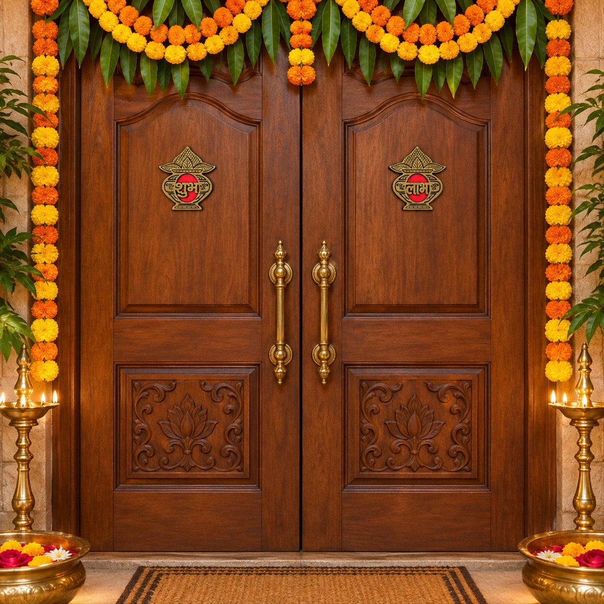 Two golden Shubh Labh stickers adorn a large wooden double door decorated with marigold garlands.