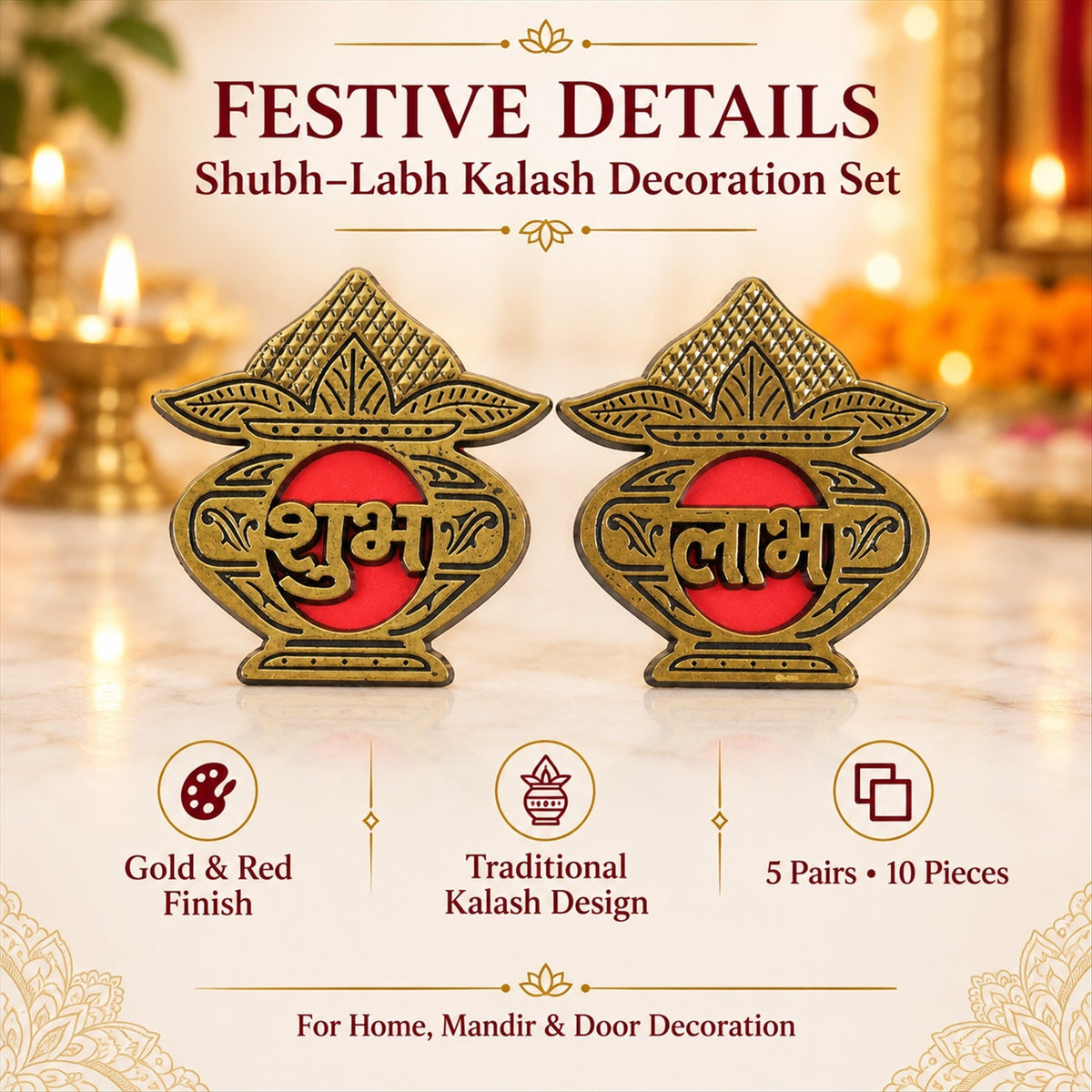 Two golden and red Shubh Labh stickers stand upright, with text detailing their traditional design and quantity.