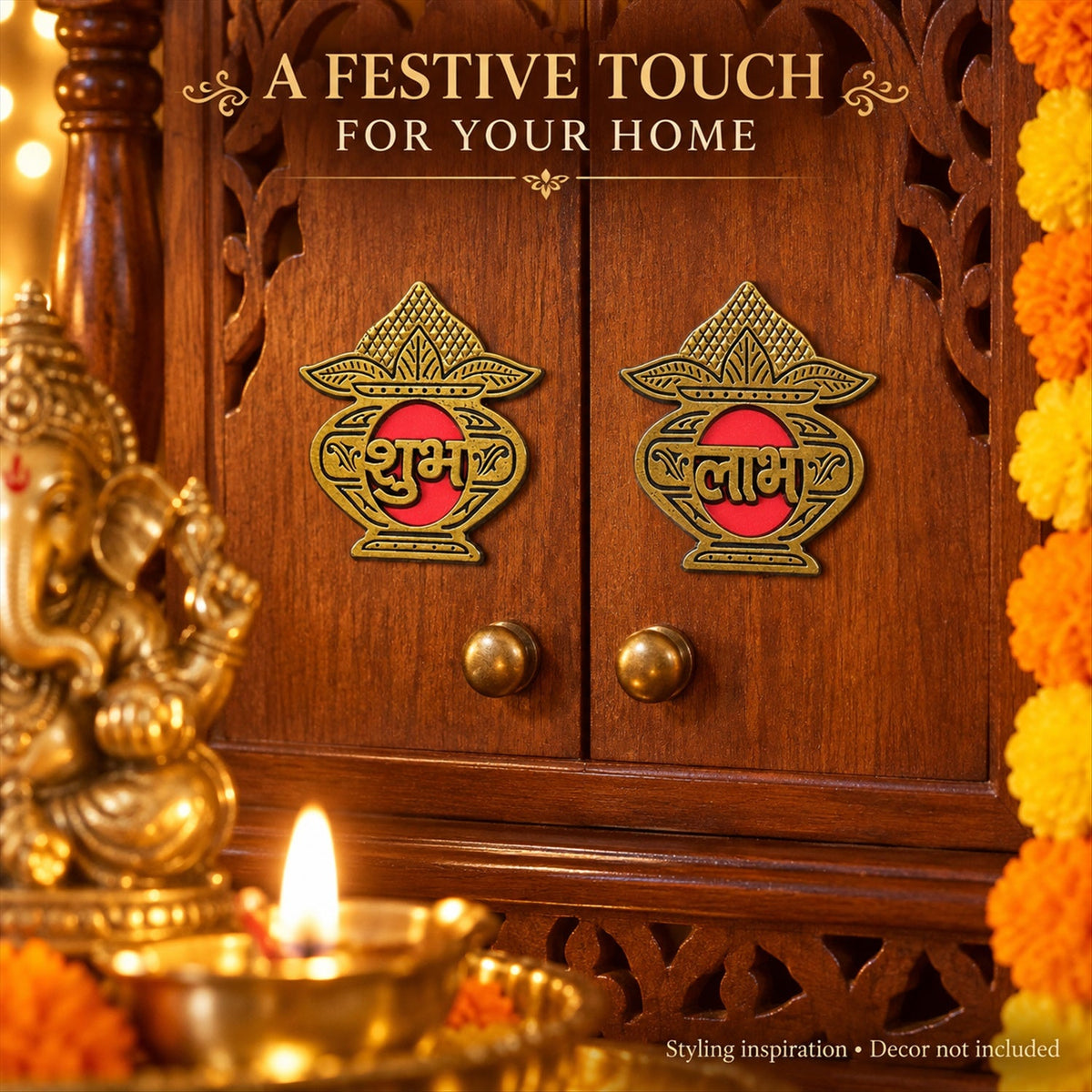 Golden Shubh Labh stickers are placed on a carved wooden cabinet door next to a Ganesha idol and lit diya.