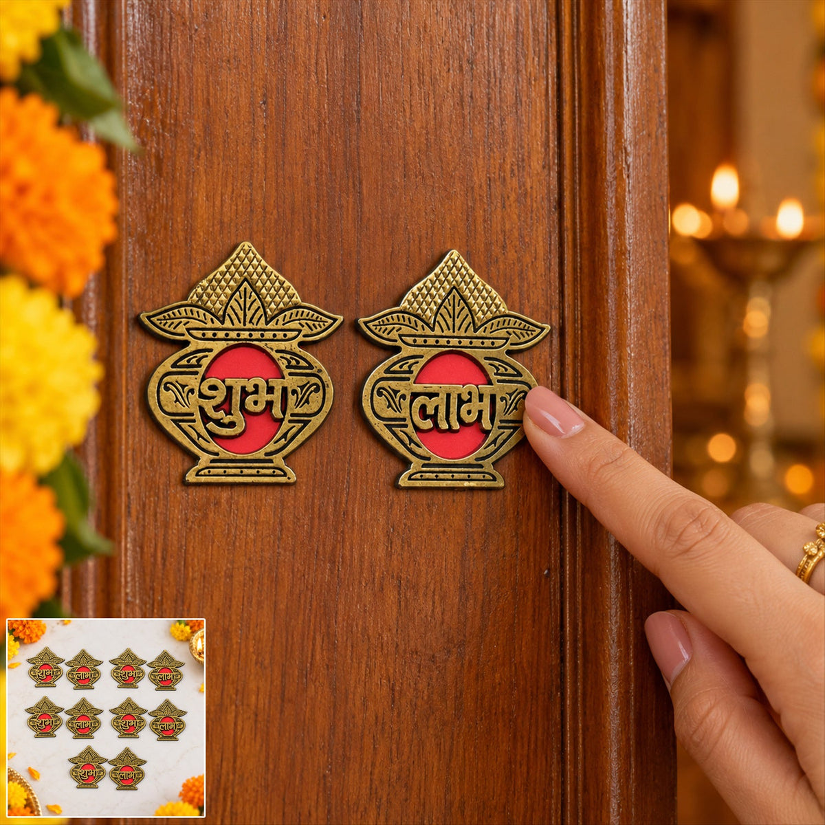 A hand points to a golden Shubh Labh sticker set on a wooden door, with a small inset showing ten stickers. – view 9