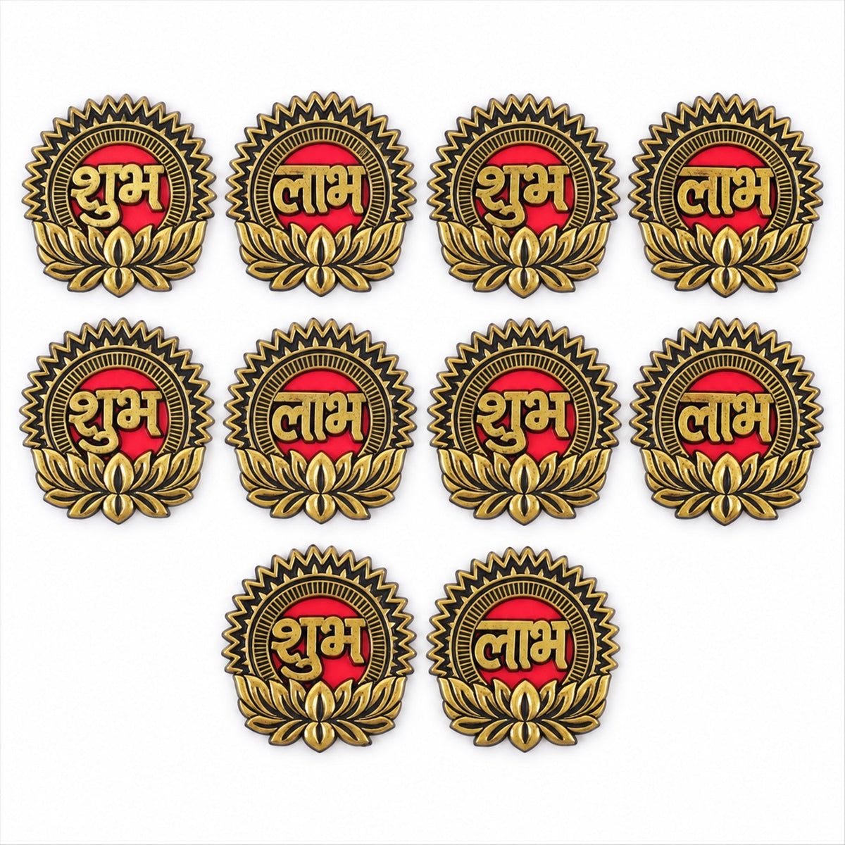 Ten gold and red Shubh Labh stickers, five with 'Shubh' and five with 'Labh', arranged neatly on a white background.