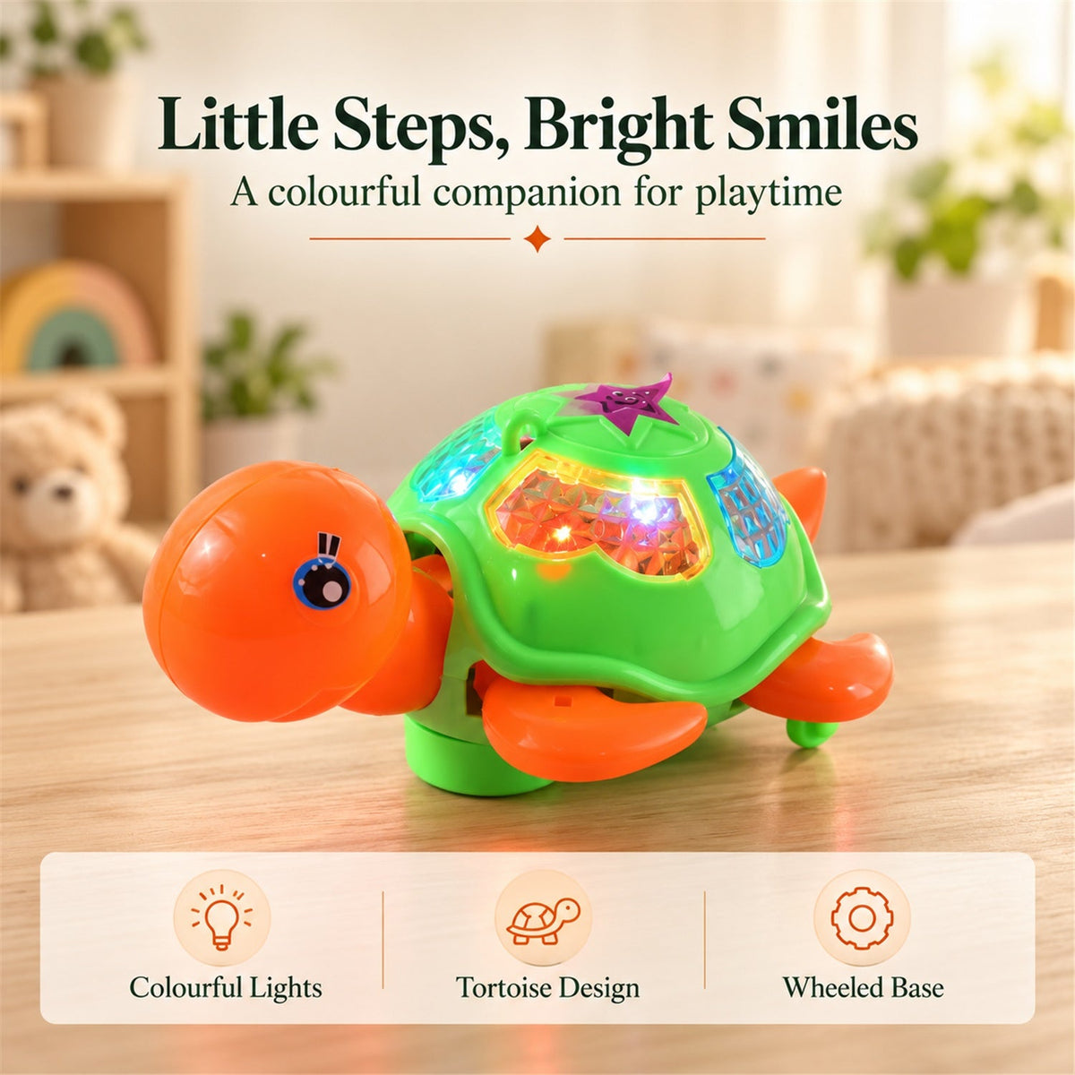 The light-up tortoise toy on a wooden surface, with text describing its colourful lights, tortoise design, and wheeled base.