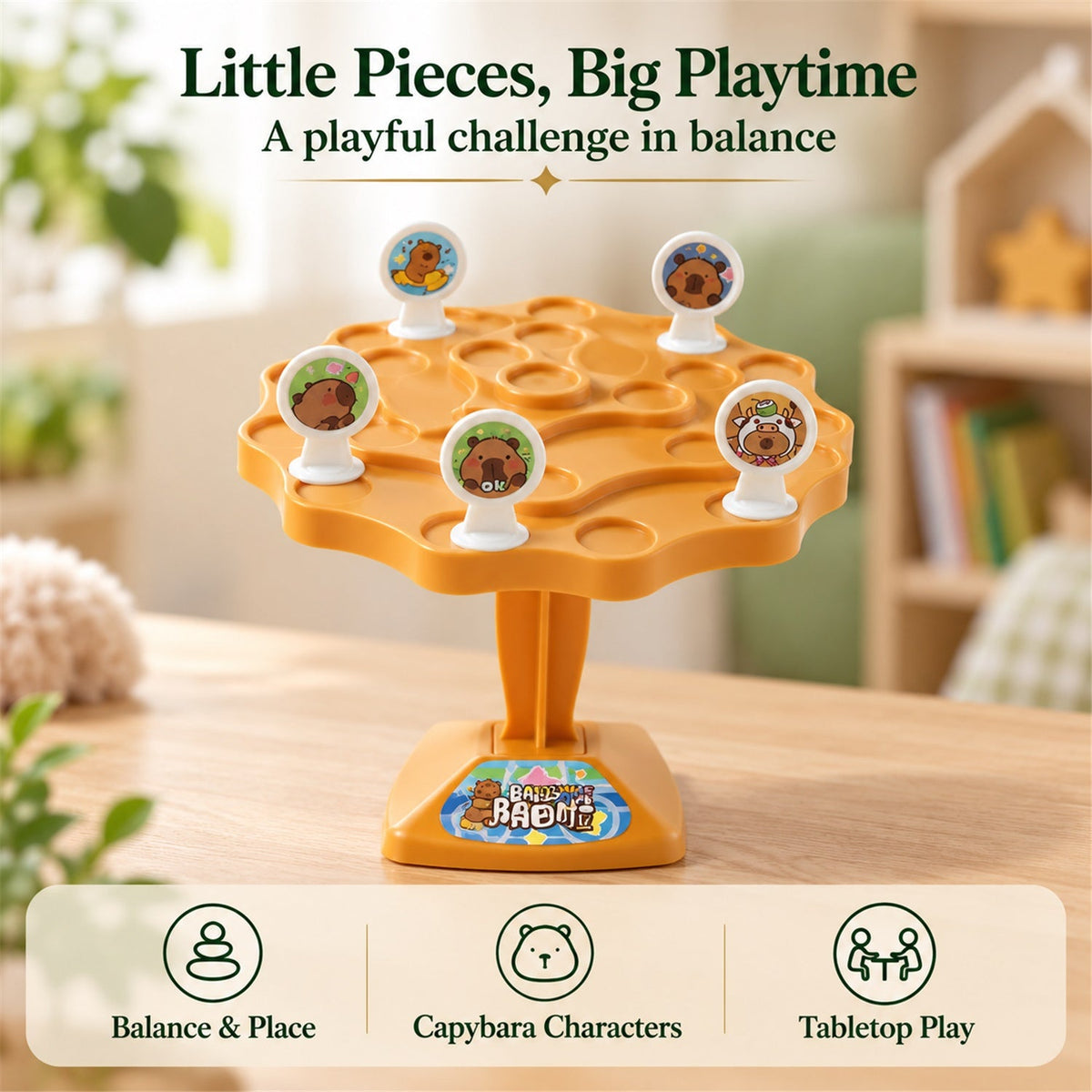 The capybara balance game on a wooden table, with text overlays describing its features for playful challenge.