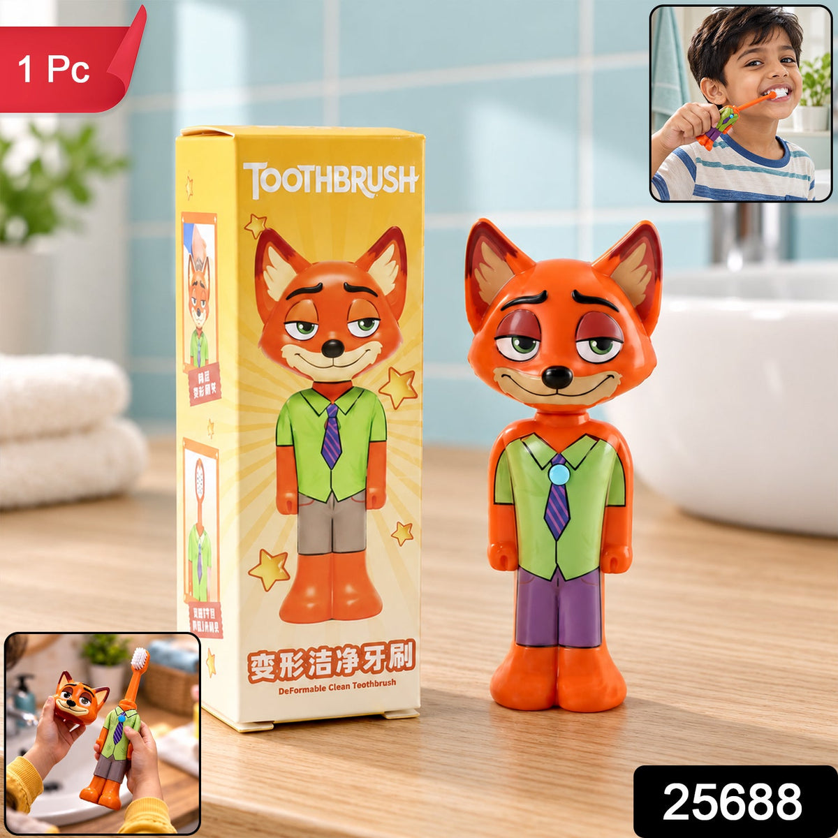 Kids fox character toothbrush with pop-up mechanism in action