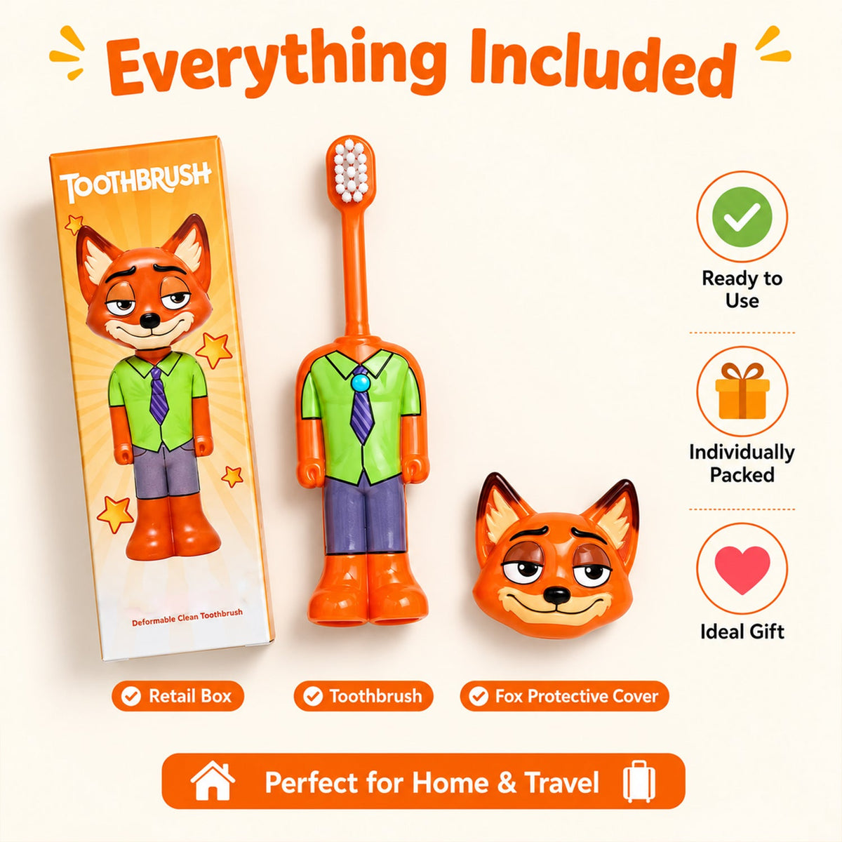 The orange fox character toothbrush, its detached head, and packaging are arranged on a white surface.