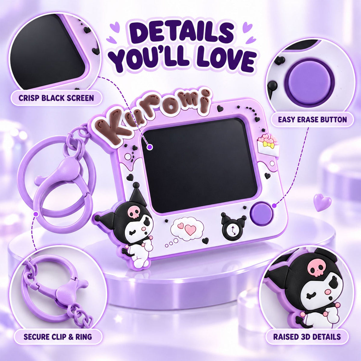 A purple Kuromi LCD writing tablet keychain on a pedestal, with close-ups of its black screen, erase button, clip, and 3D