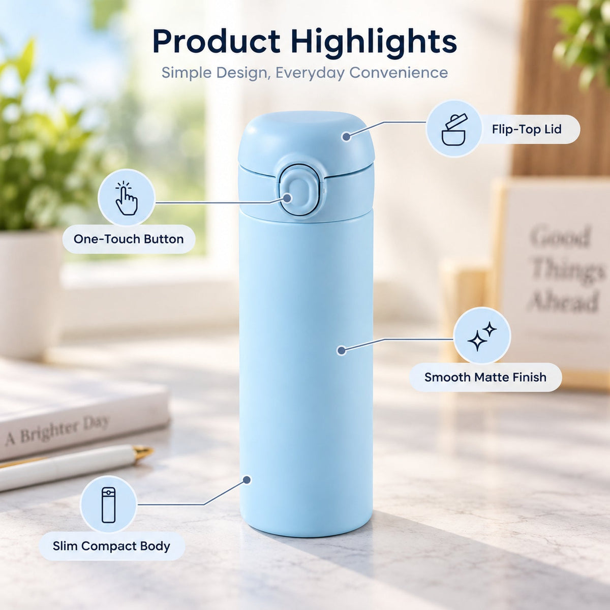 A light blue water bottle with a flip-top lid highlights features like a one-touch button and matte finish.