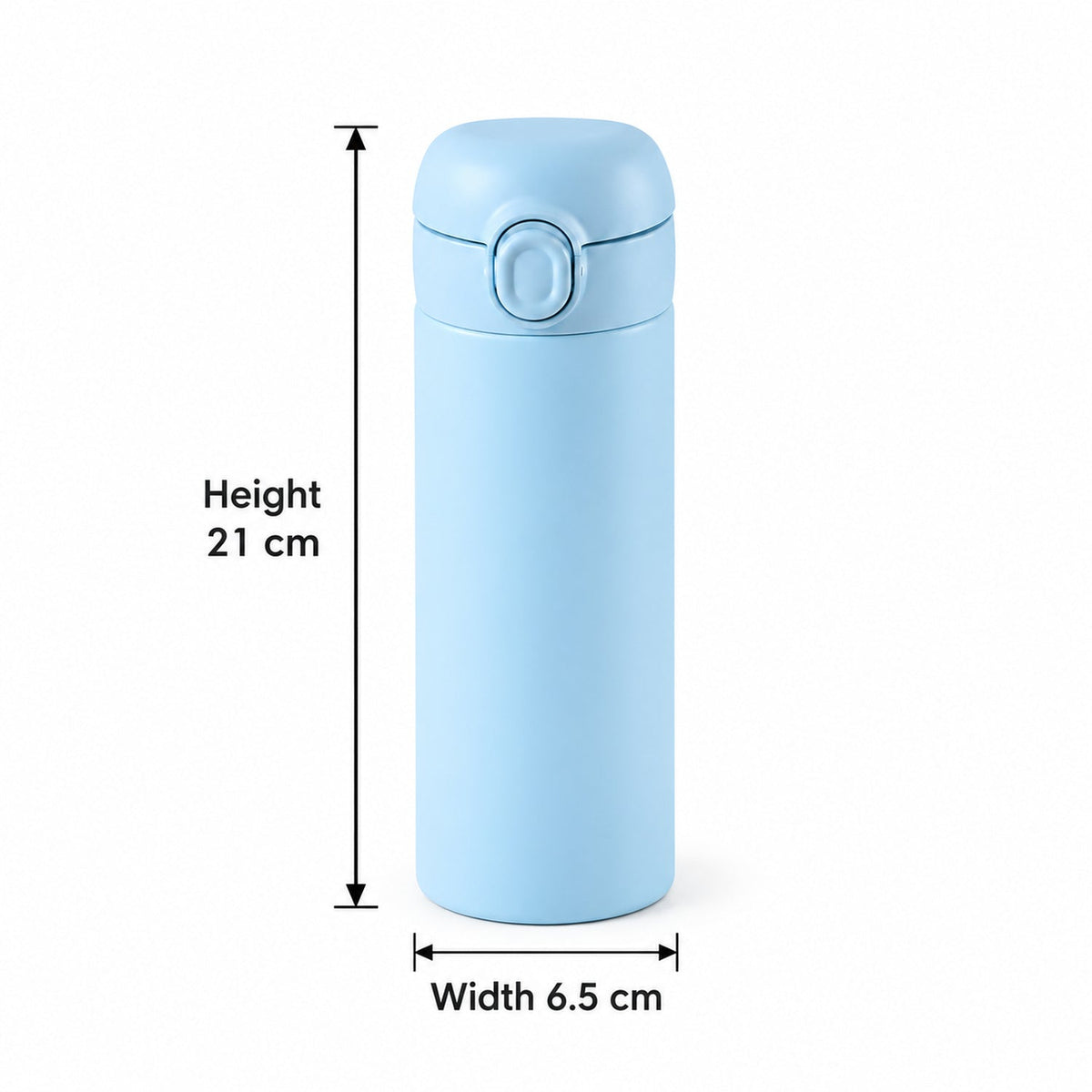 A light blue water bottle with a flip-top lid is shown with height and width measurements on a white background.