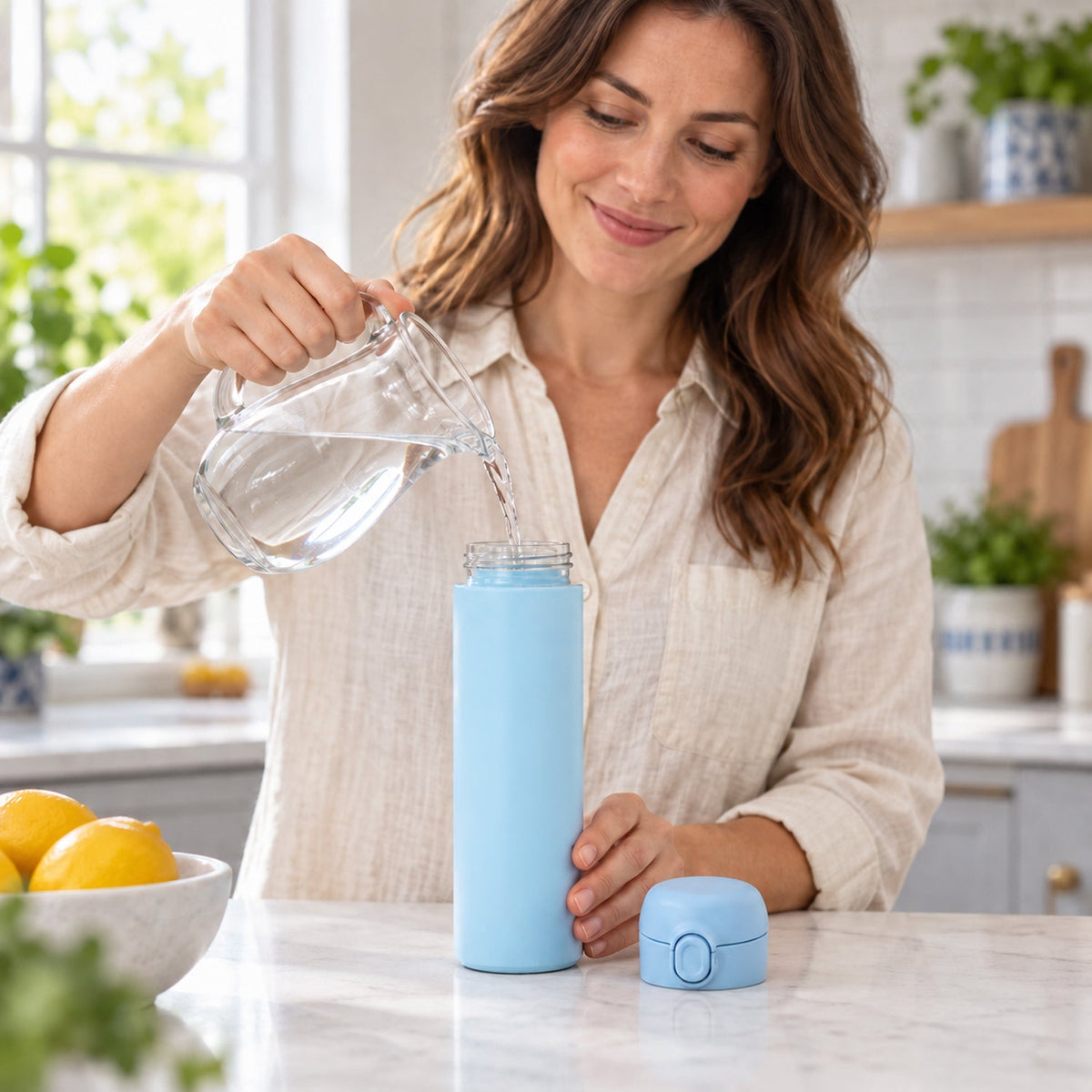 A woman pours water from a clear pitcher into a light blue bottle in a bright kitchen setting.