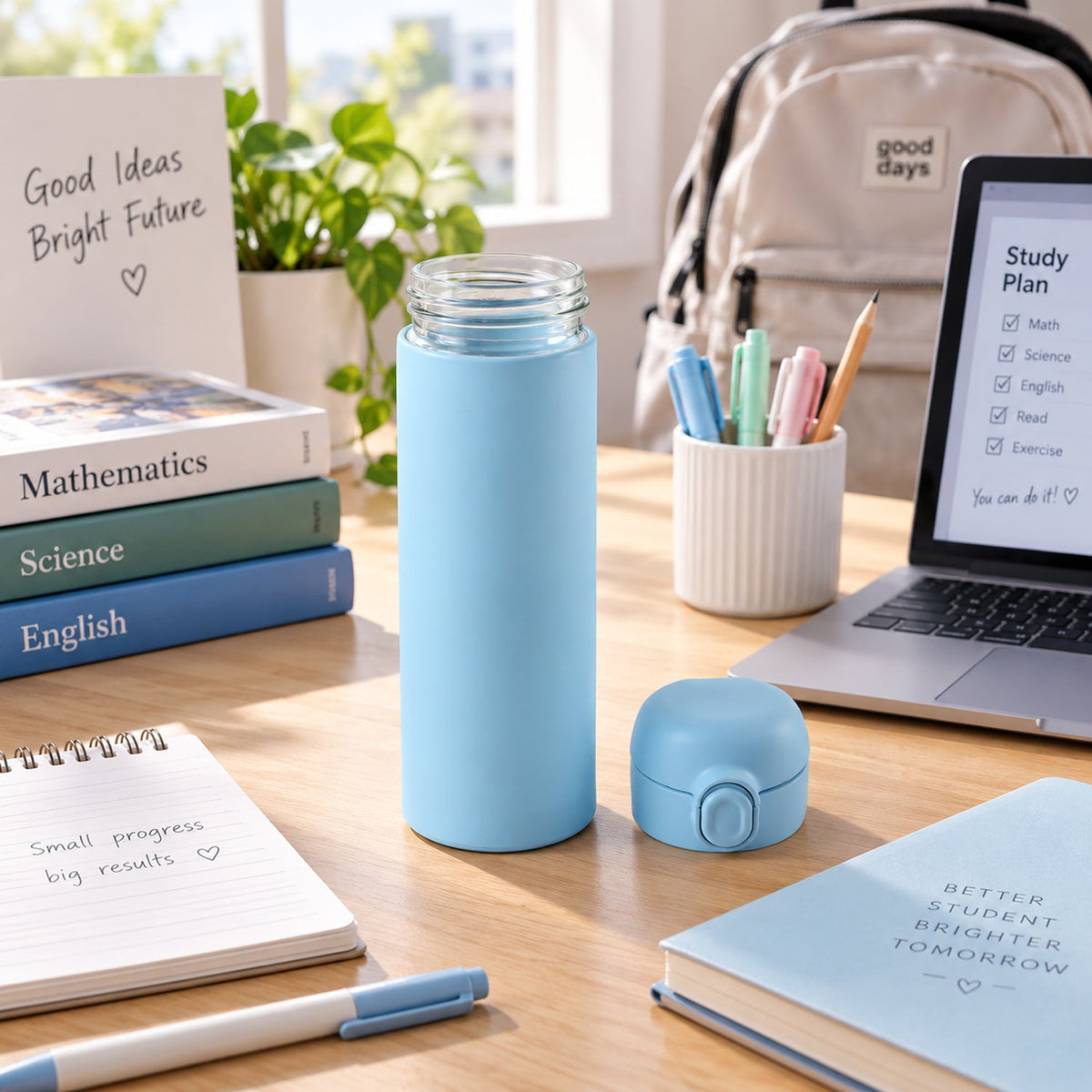 A light blue water bottle with a separate flip-top lid sits on a wooden desk with school supplies.