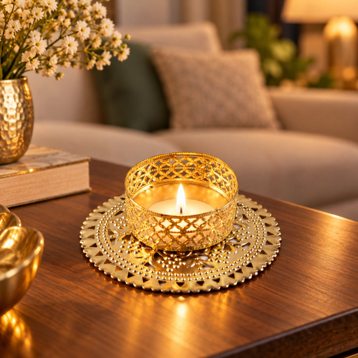 Metal Jali Tealight Candle Holder for Festive Home Decor (1 Pc)