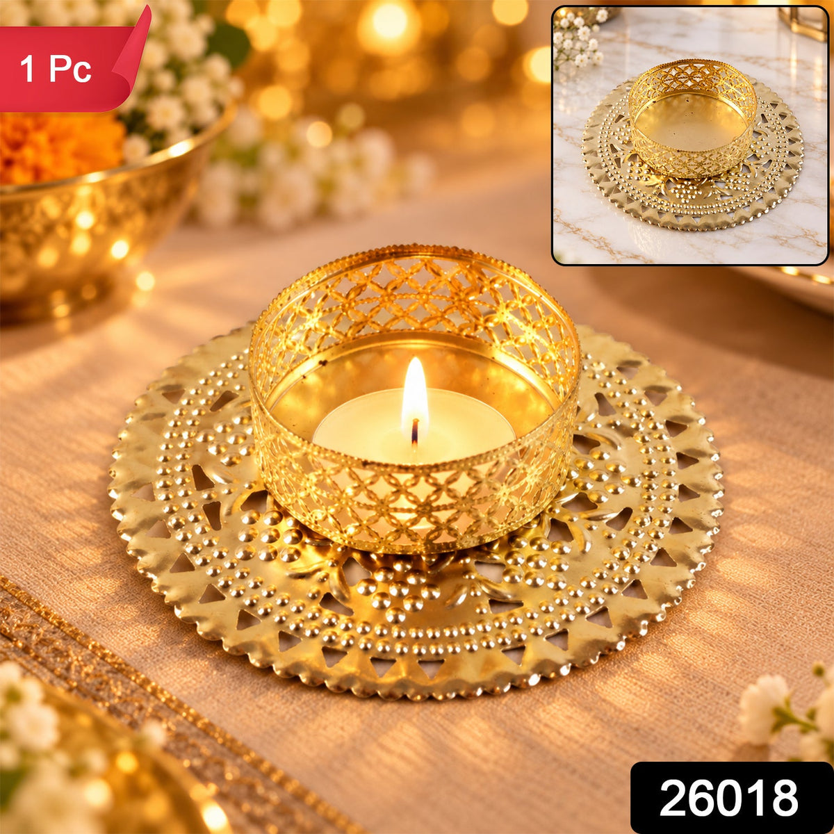 Metal Jali Tealight Candle Holder for Festive Home Decor (1 Pc)