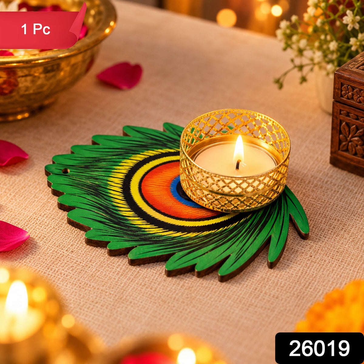 Peacock Feather Design Tealight Candle Holder for Diwali and Festive Home Decor (1 Pc)