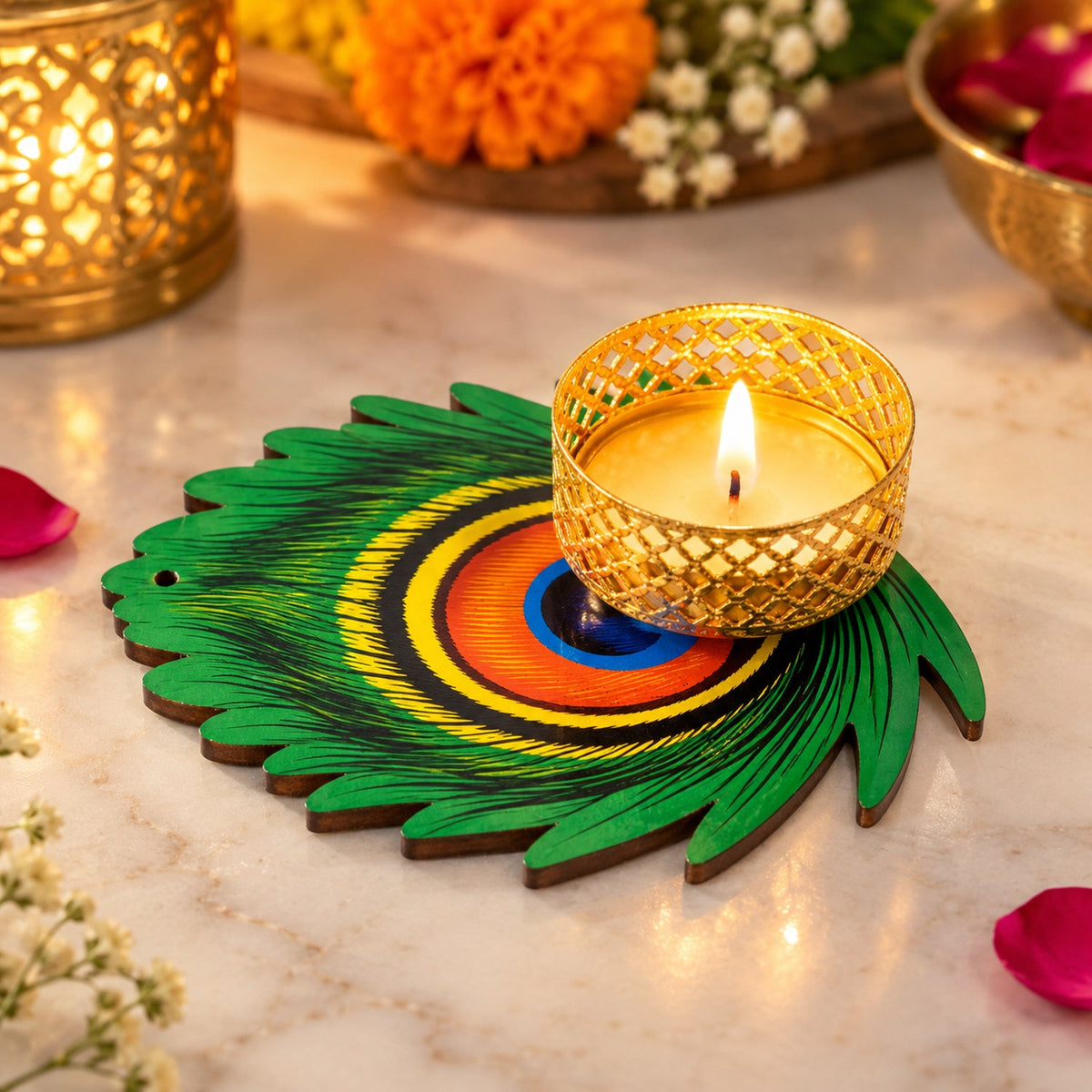 Peacock Feather Design Tealight Candle Holder for Diwali and Festive Home Decor (1 Pc)